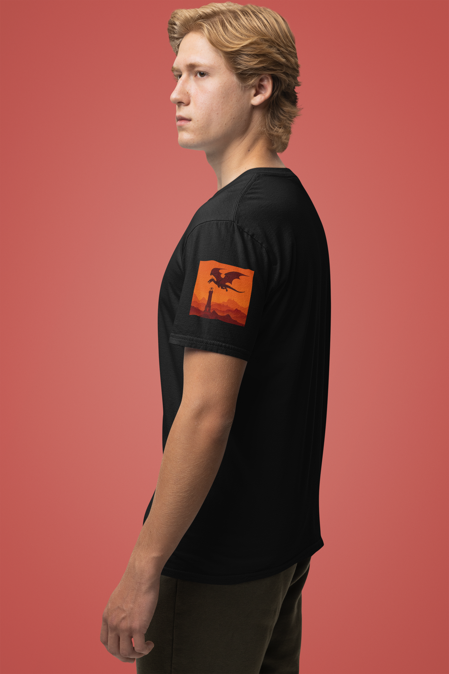 Dragon Sunset T-Shirt – Silhouette Flying Dragon Mountain Landscape Fantasy Graphic Tee