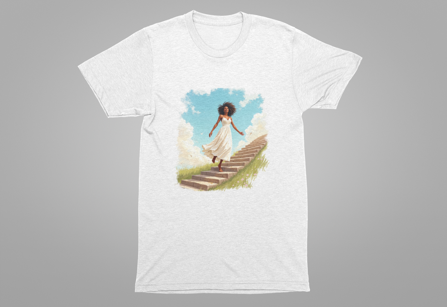 Graceful Woman in White Dress Walking on Stairs – Blue Sky & Green Ground Graphic T-Shirt