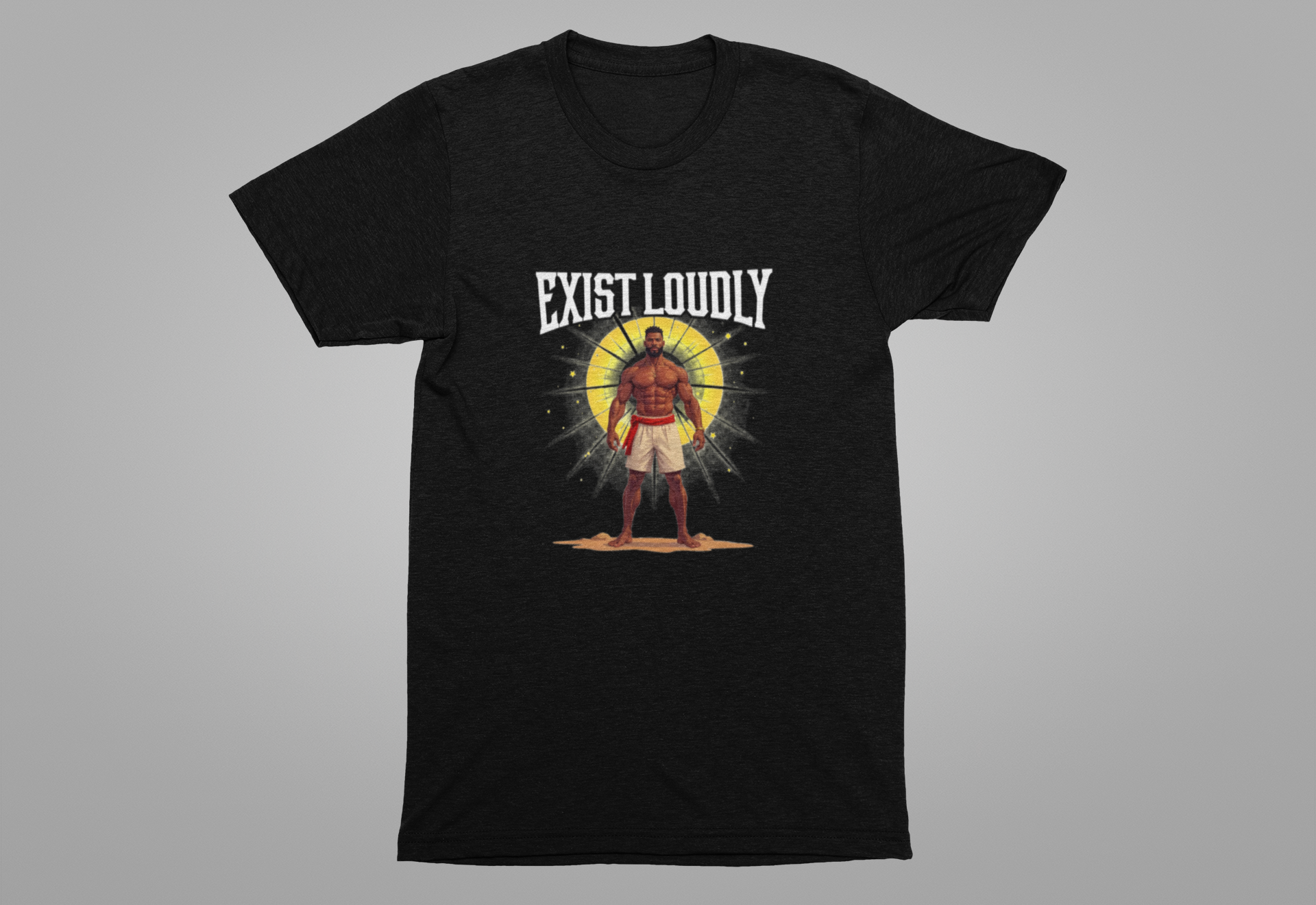 Exist Loudly – Strong Muscular Man with Red Belt & Glowing Light Graphic T-Shirt