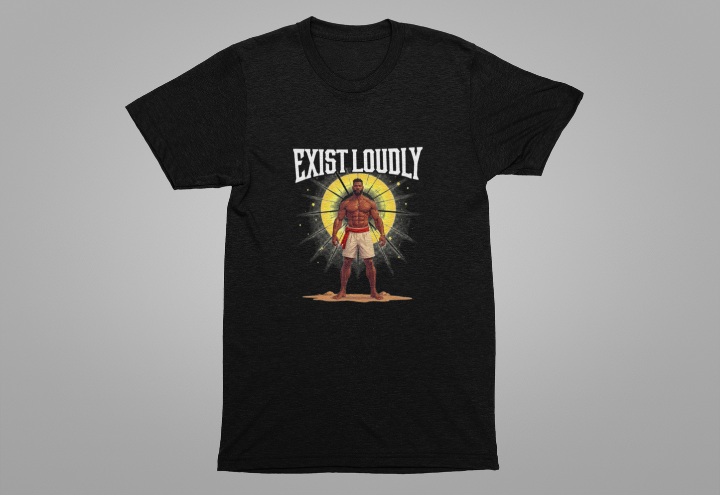 Exist Loudly – Strong Muscular Man with Red Belt & Glowing Light Graphic T-Shirt