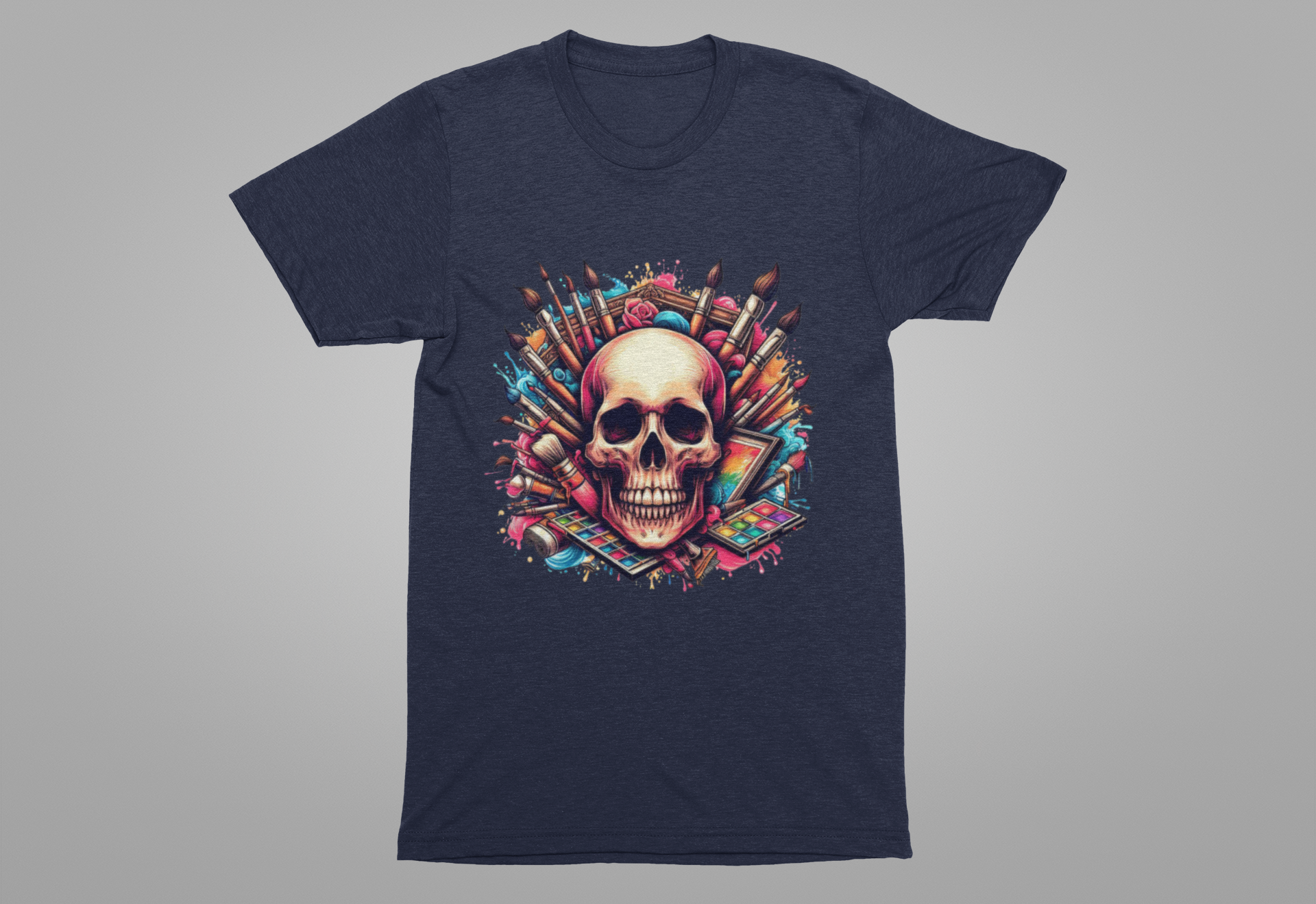 Art Is Not Dead Tshirt – Skull with Stacked Art Supplies Circular Graphic