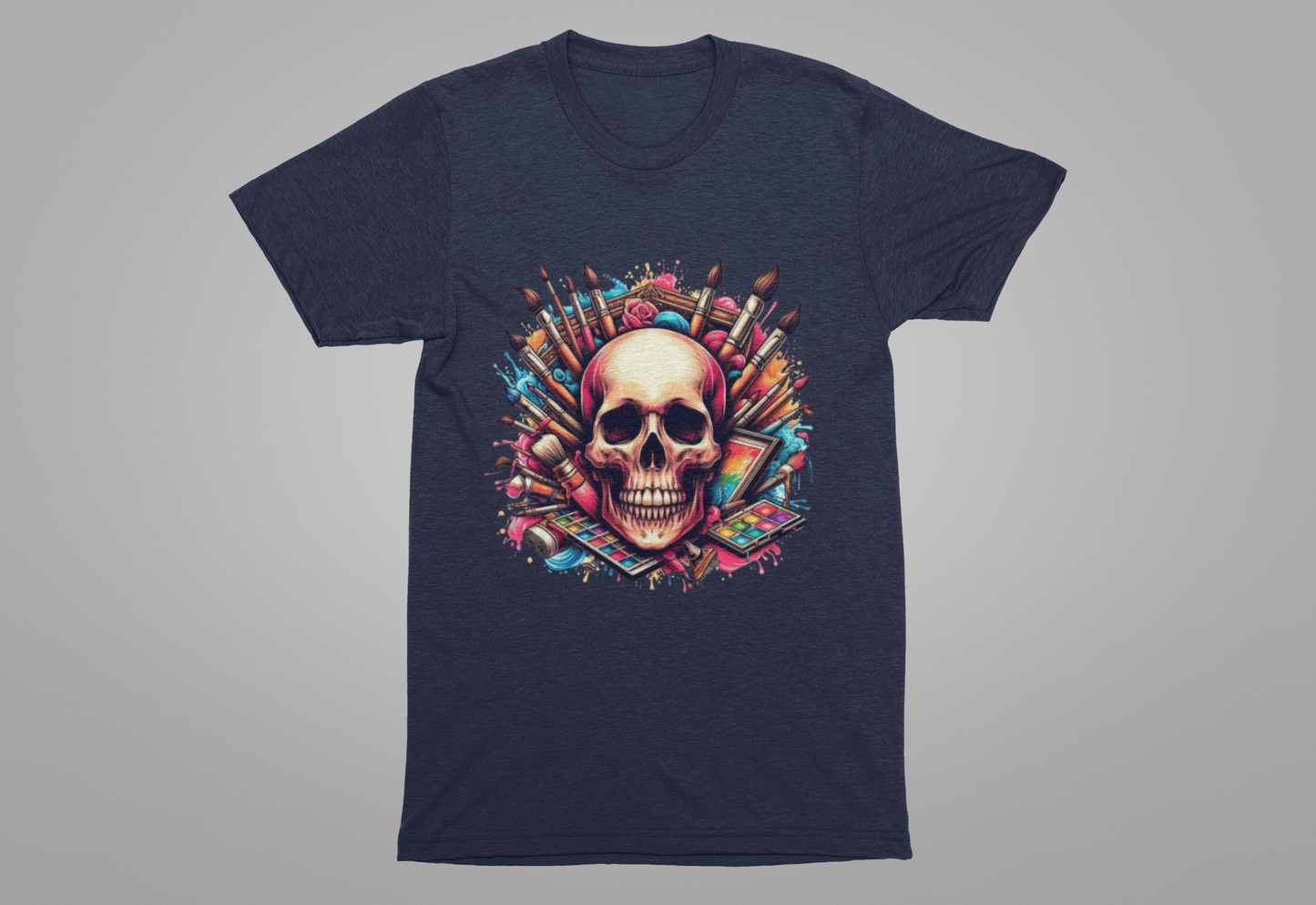 Art Is Not Dead Tshirt – Skull with Stacked Art Supplies Circular Graphic