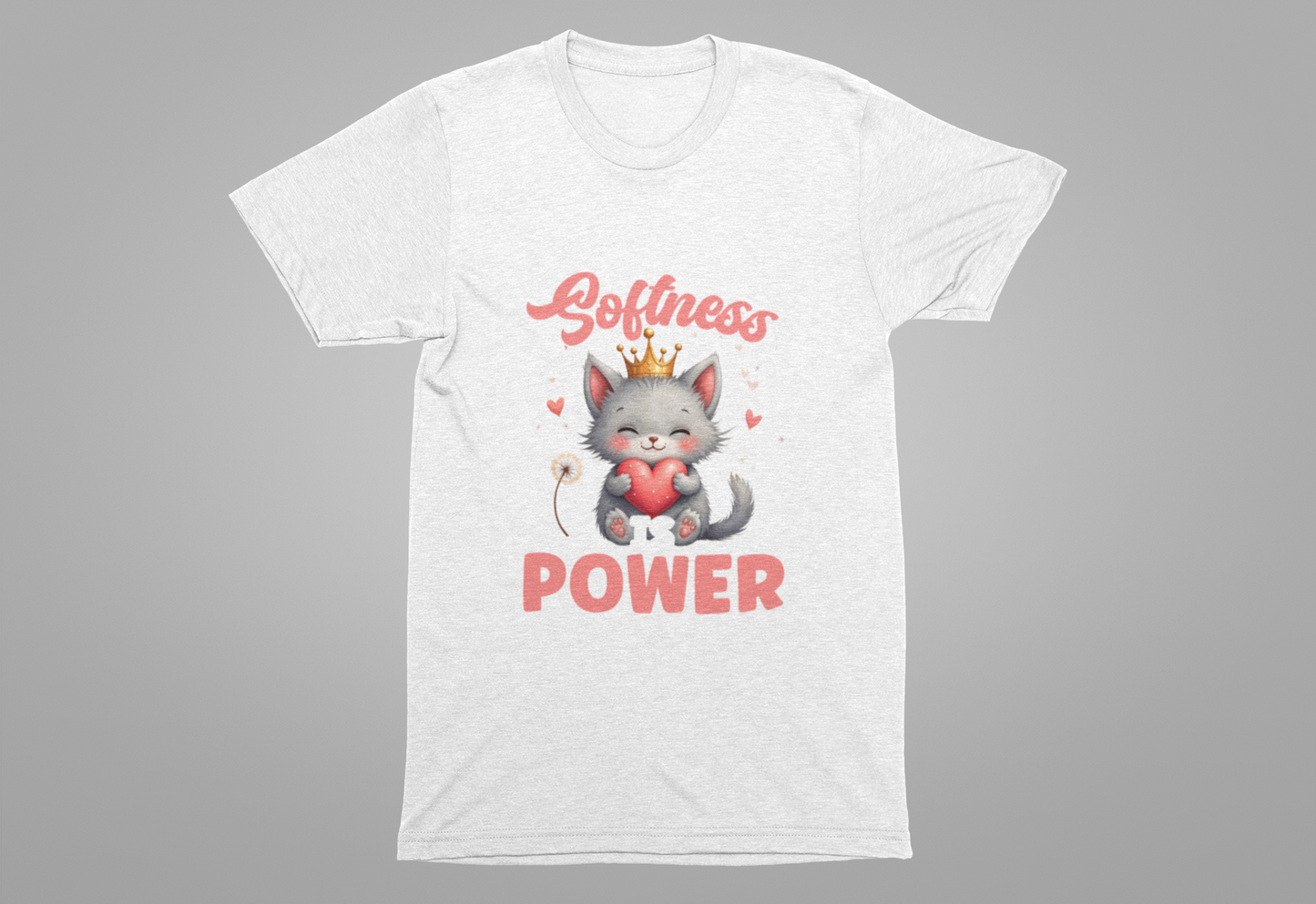 Softness Is Power – Adorable Cat with Heart & Crown Graphic T-Shirt