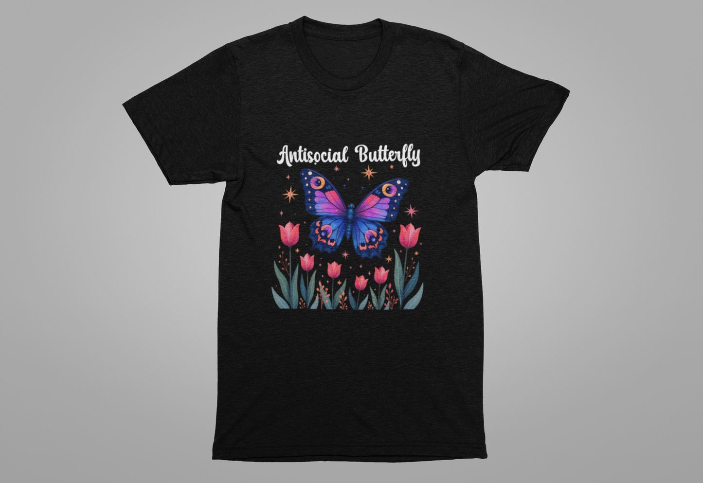 Antisocial Butterfly – Large Butterfly Above Flower Plants Graphic T-Shirt