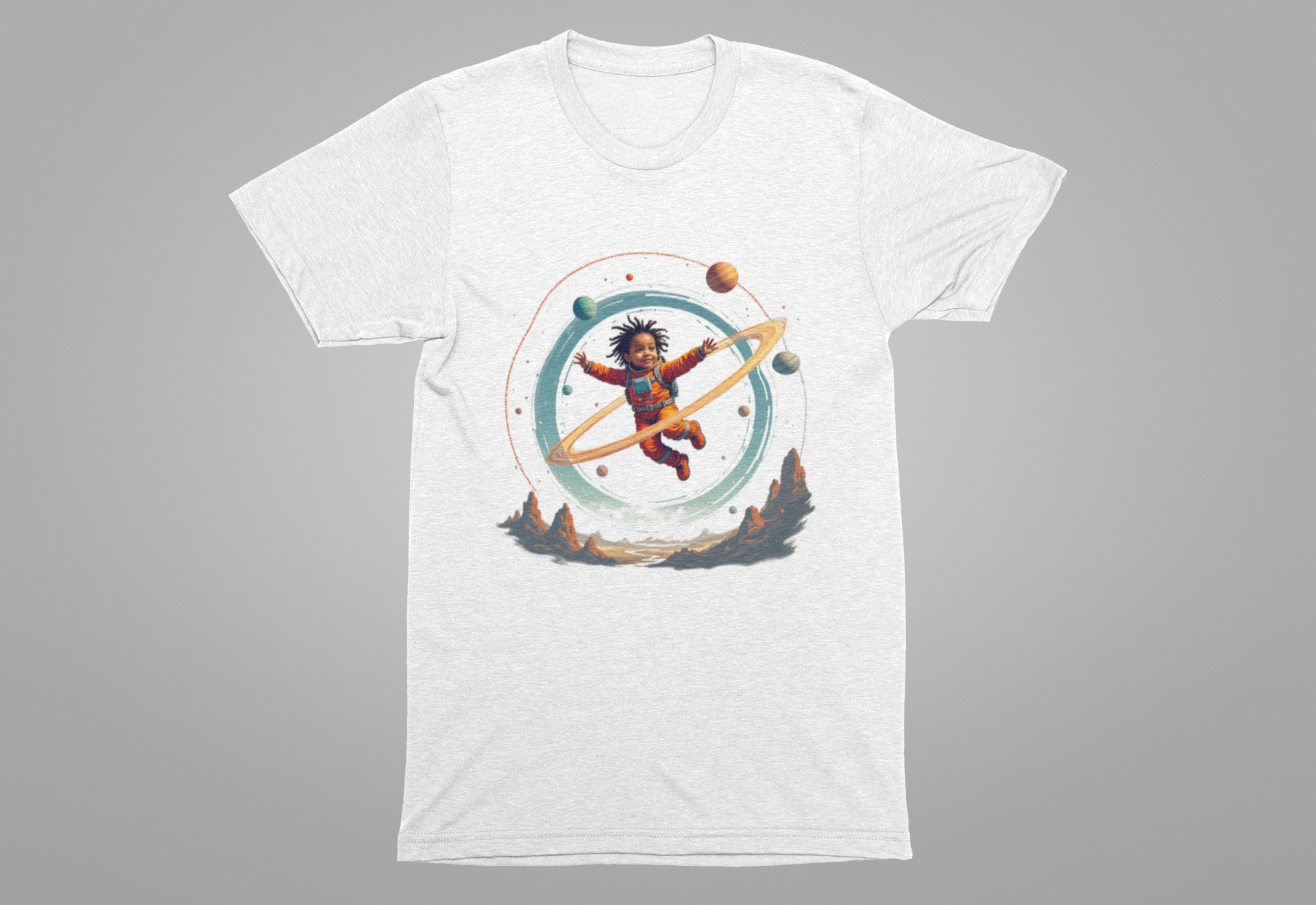 Toddler Flying in Spacesuit with Revolving Planets Space Adventure Graphic T-Shirt