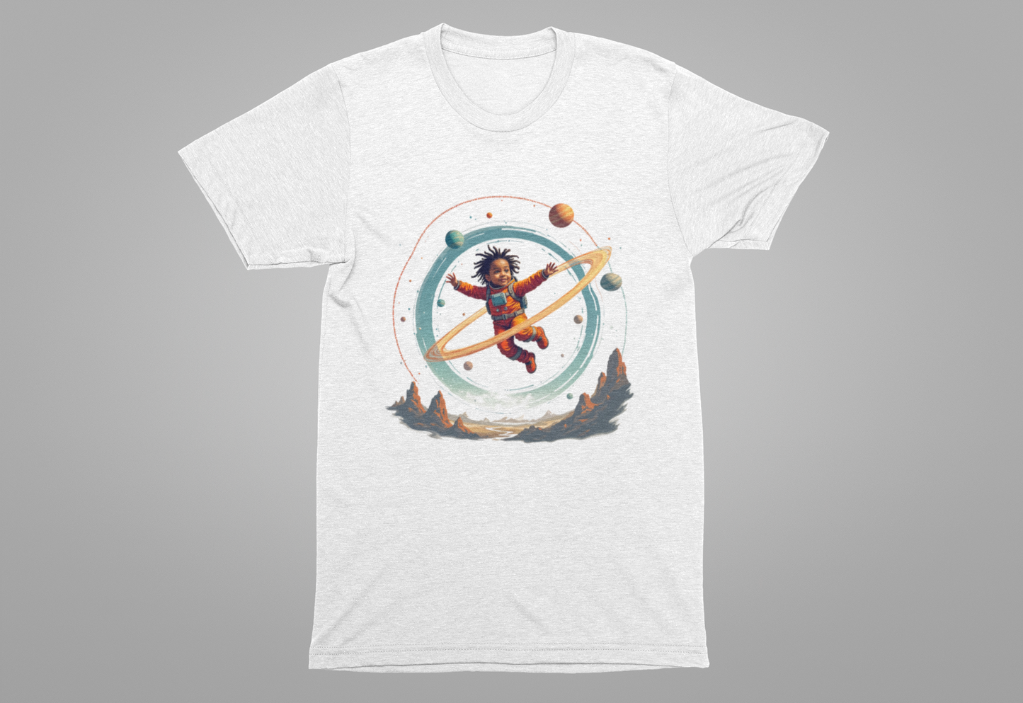 Toddler Flying in Spacesuit with Revolving Planets Space Adventure Graphic T-Shirt