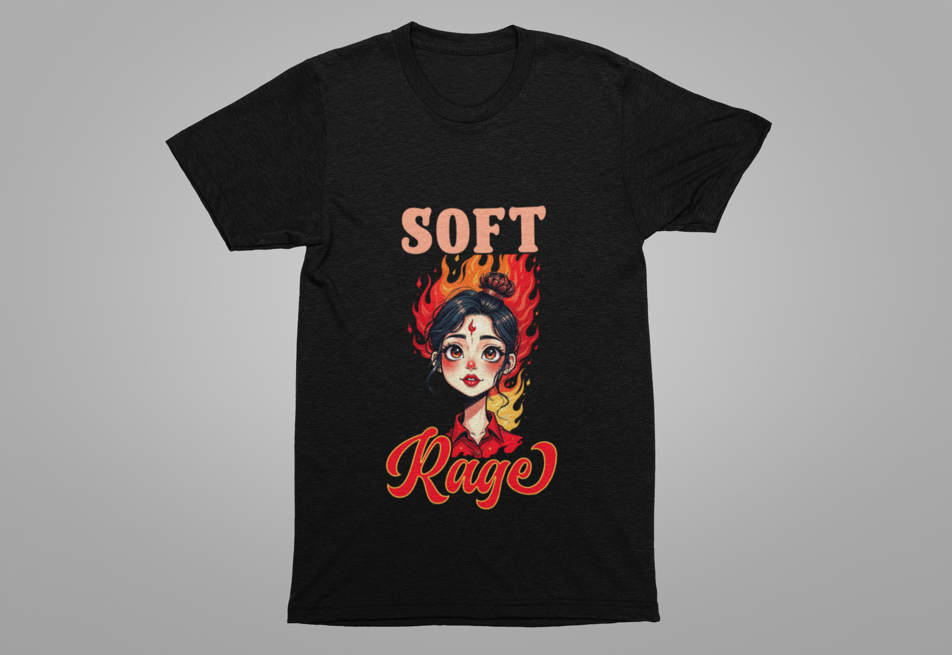 Soft Rage – Emotional Woman with Fiery Background Graphic T-Shirt