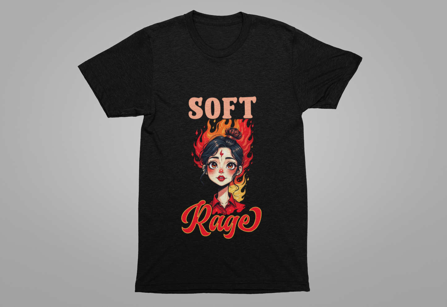Soft Rage – Emotional Woman with Fiery Background Graphic T-Shirt
