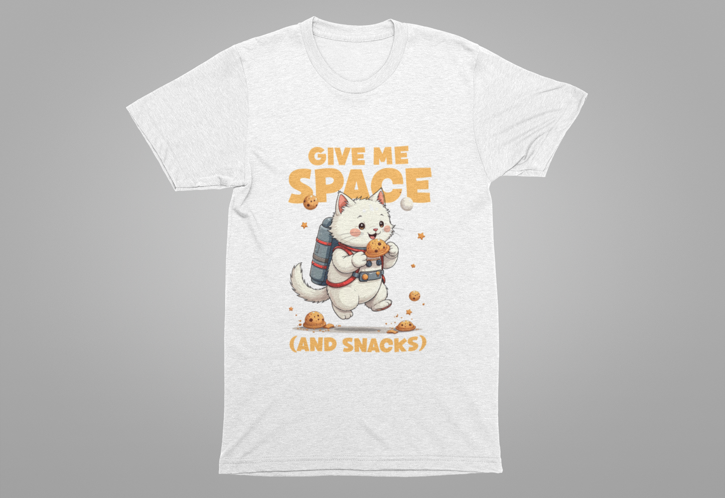 Give Me Space (and Snacks) – Jetpack Cat Walking with Snacks Funny Graphic T-Shirt