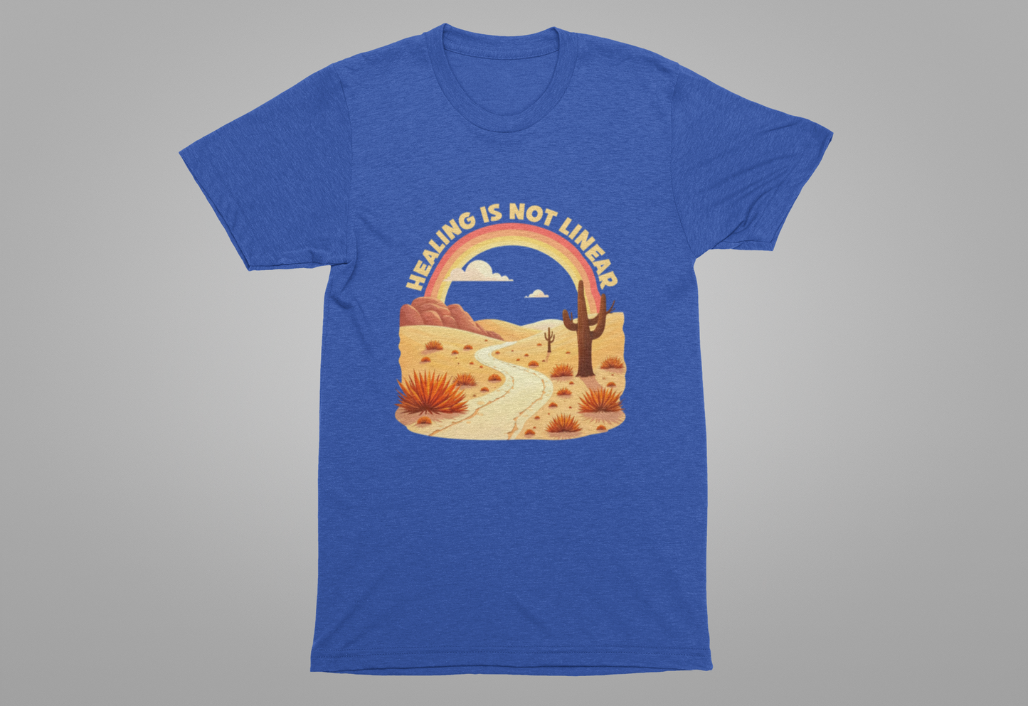 Healing Is Not Linear – Warm Desert Rainbow & Winding Road Graphic T-Shirt