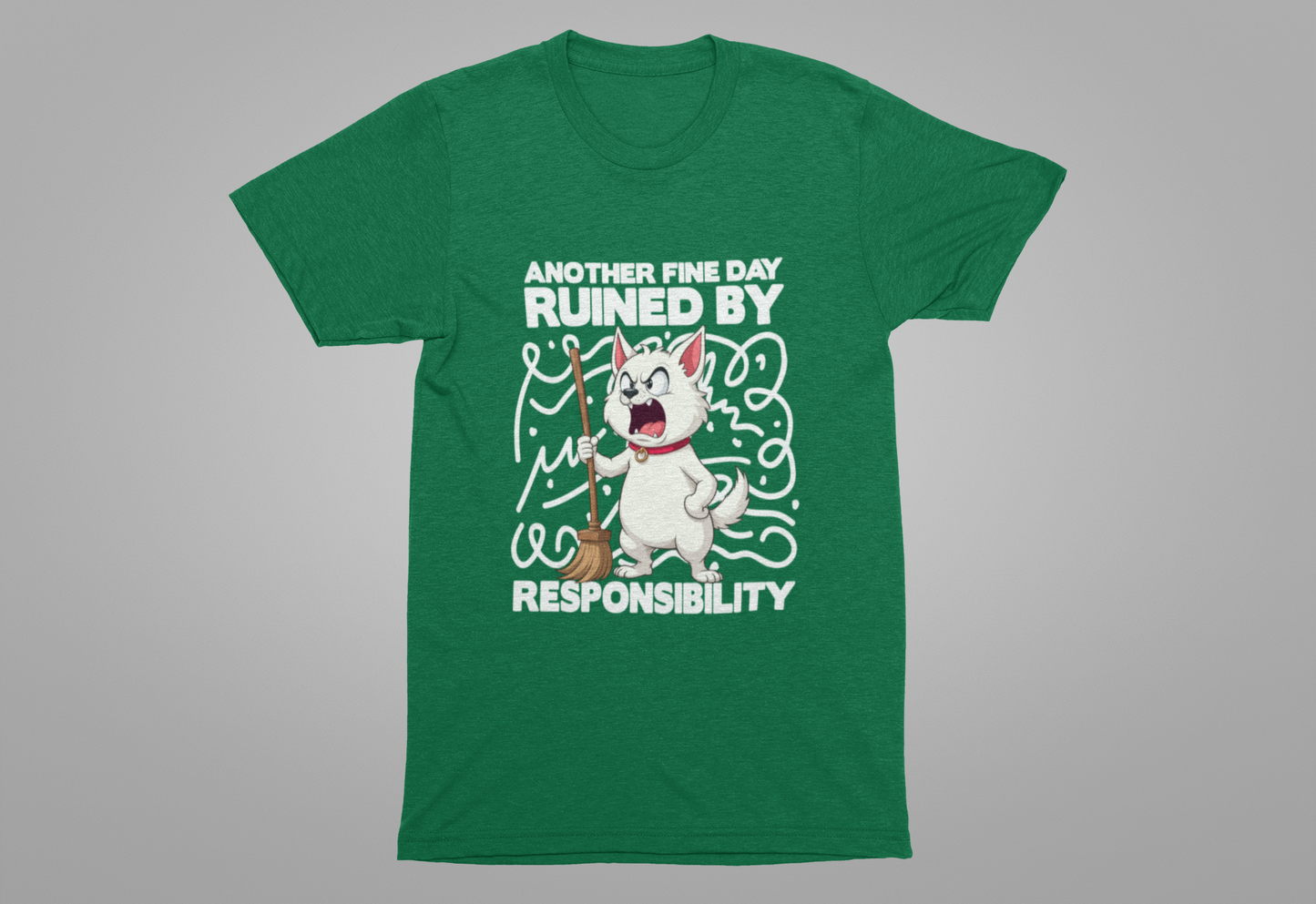 Another Fine Day Ruined By Responsibility T-Shirt – Angry Cat with Broom Graphic Tee