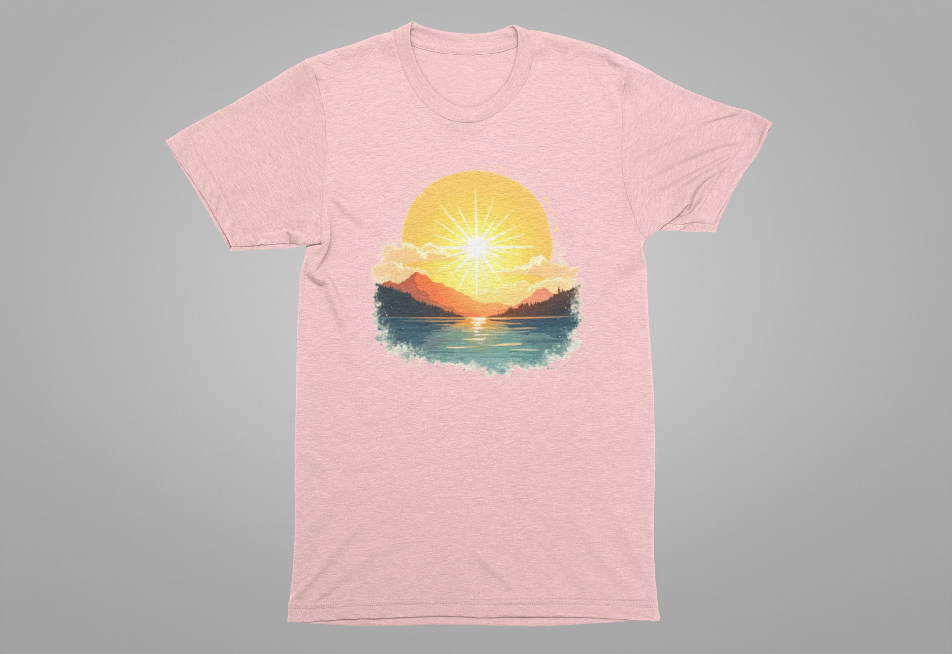 Sunset Mountain and Waterbody Landscape Graphic T-Shirt