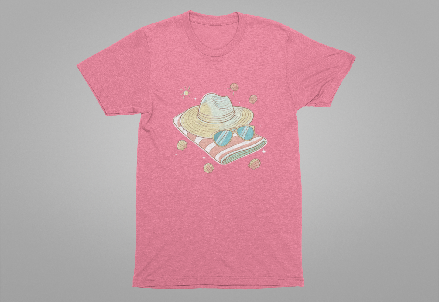 Sun Kissed & Carefree Beach Day Essentials – Towel, Sunglasses & Hat with Sun and Seashells Graphic T-Shirt