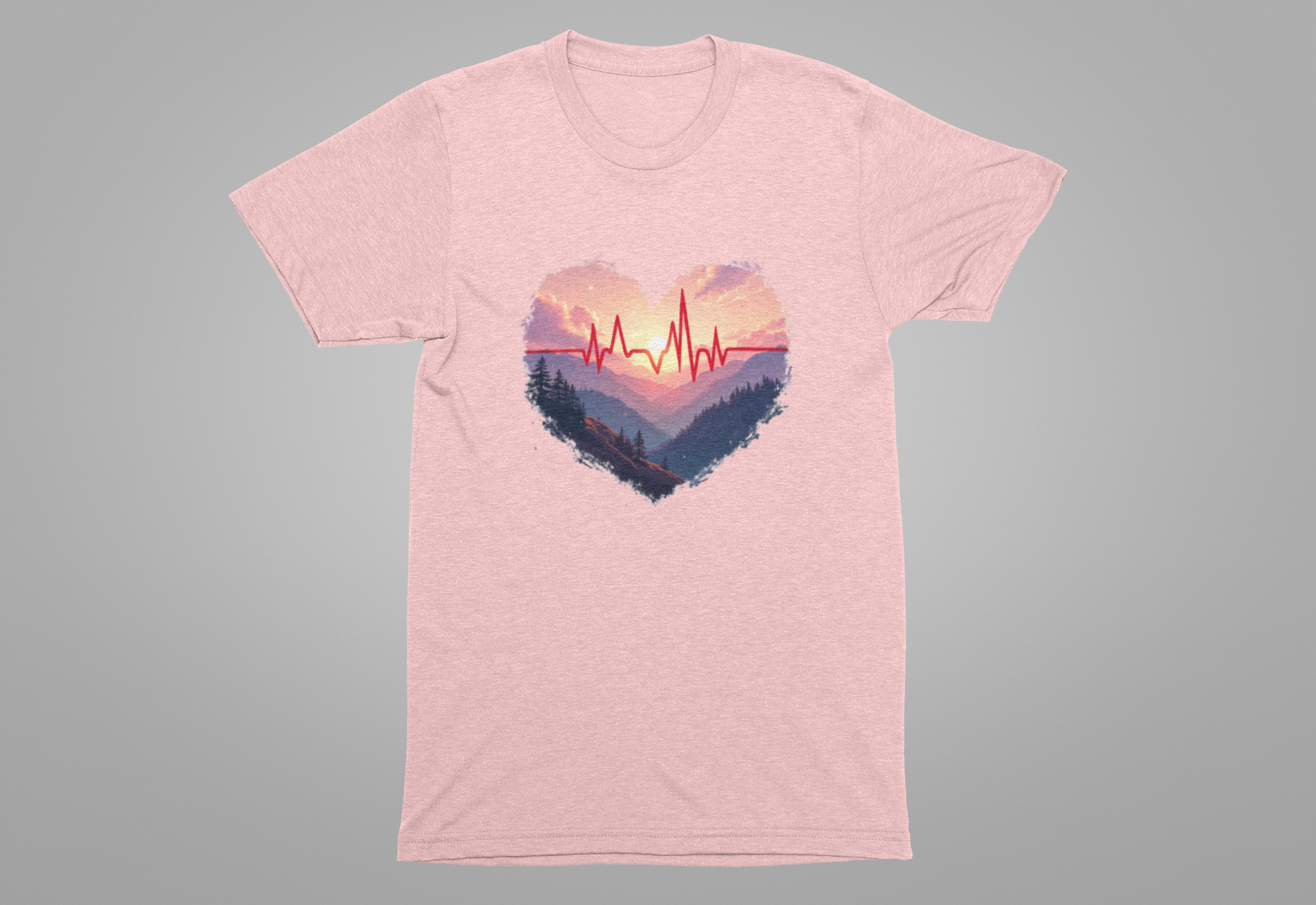 Heart-Shaped Majestic Mountains Landscape with Bold Red Lifeline Graphic T-Shirt