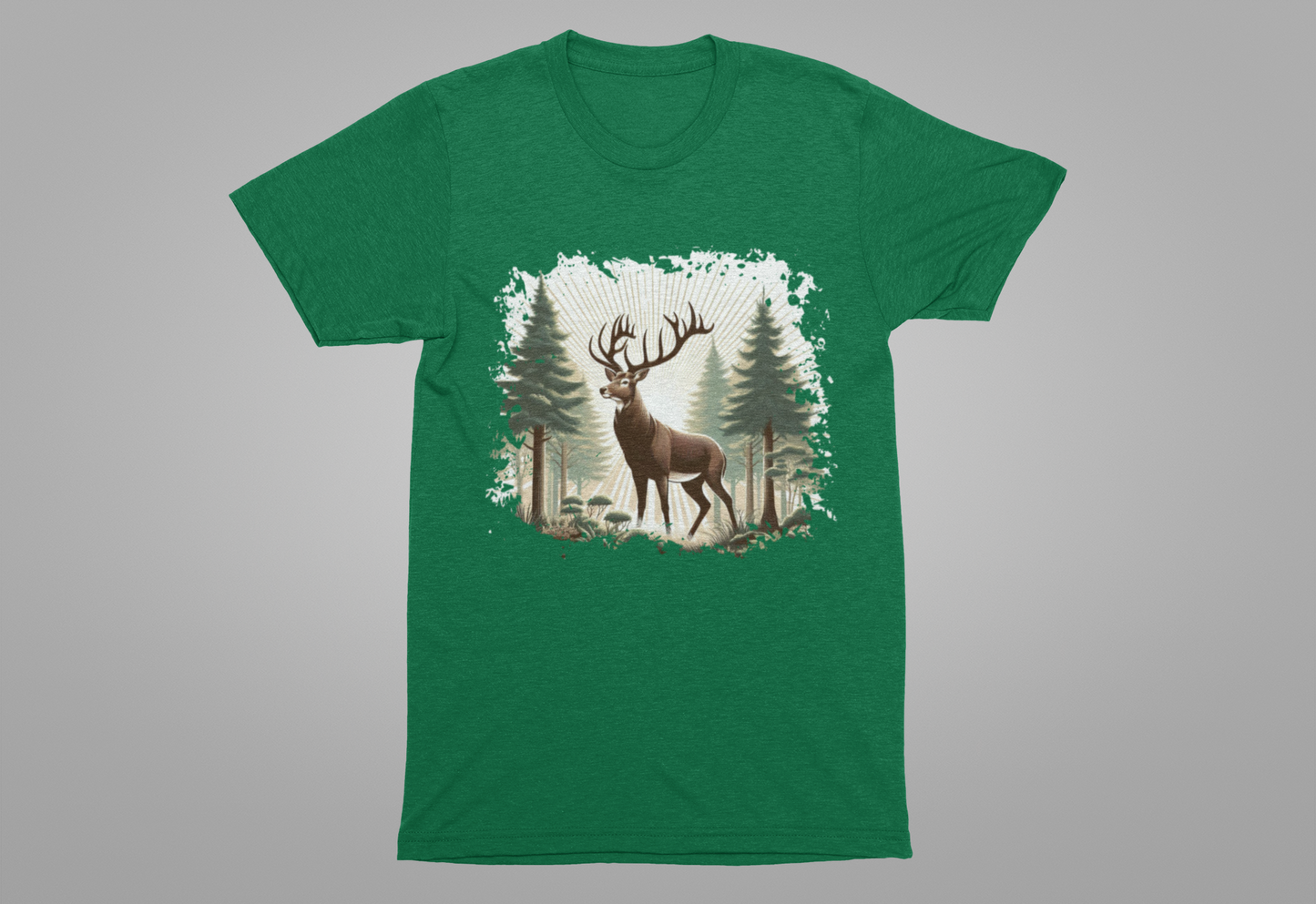 Majestic Deer with Large Antlers | Sunlight Through Foggy Forest Graphic T-Shirt