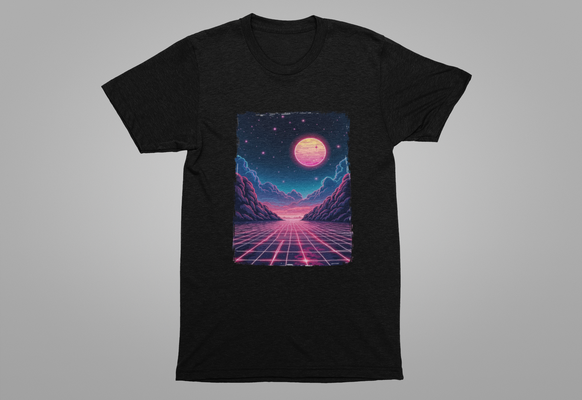 Neon Dream – Full Moon Night Waterfront with Mountains and Glowing Sky Graphic T-Shirt