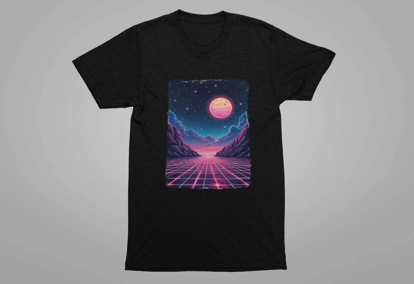 Neon Dream – Full Moon Night Waterfront with Mountains and Glowing Sky Graphic T-Shirt