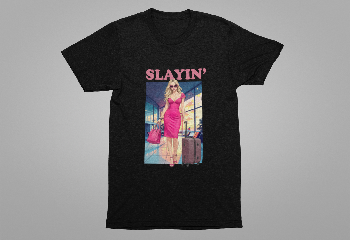Slayin’ – Pink Airport Lounge Fashion Graphic T-Shirt