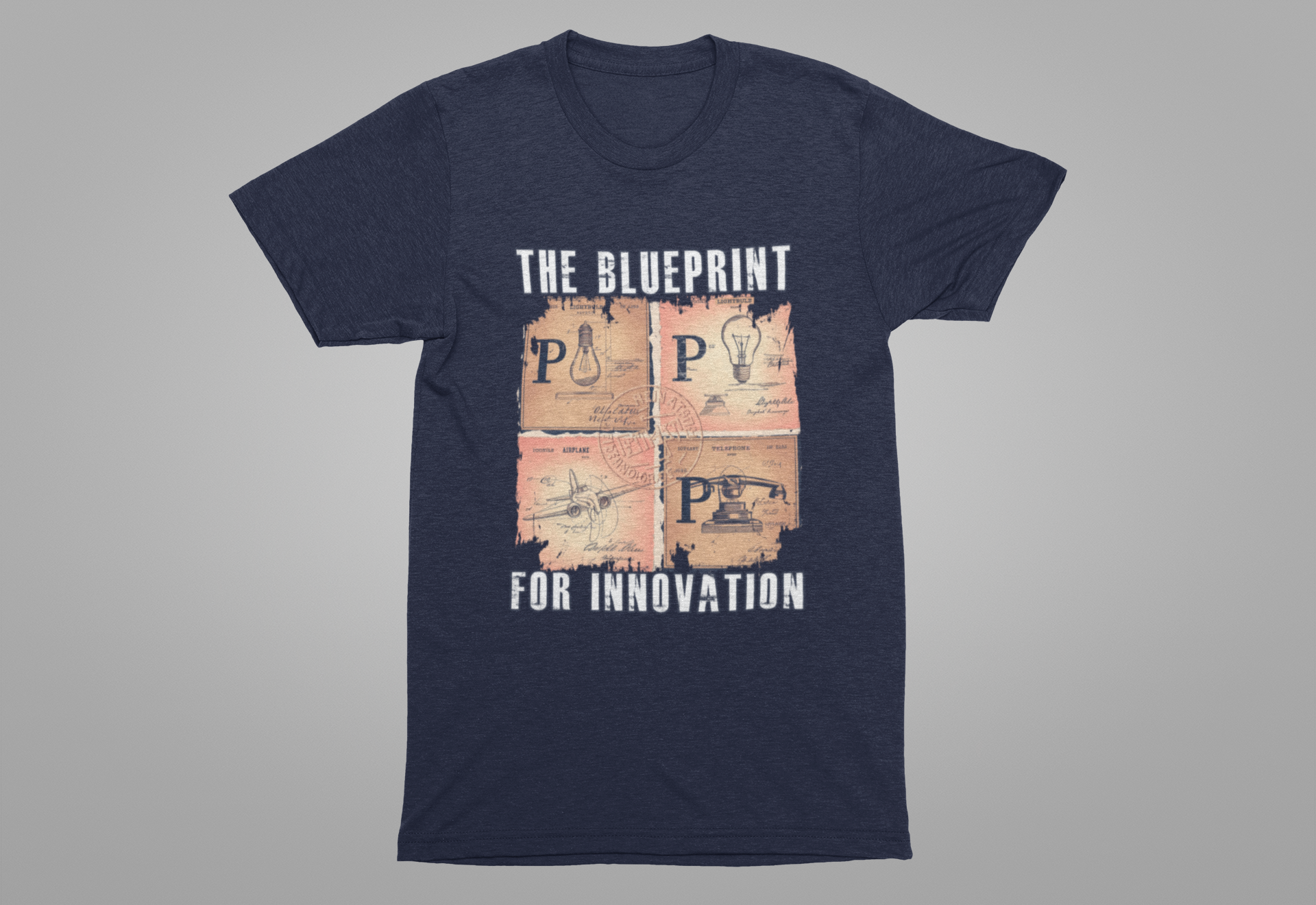 The Blueprint for Innovation Tshirt – Vintage Paper with Iconic Inventions Graphic