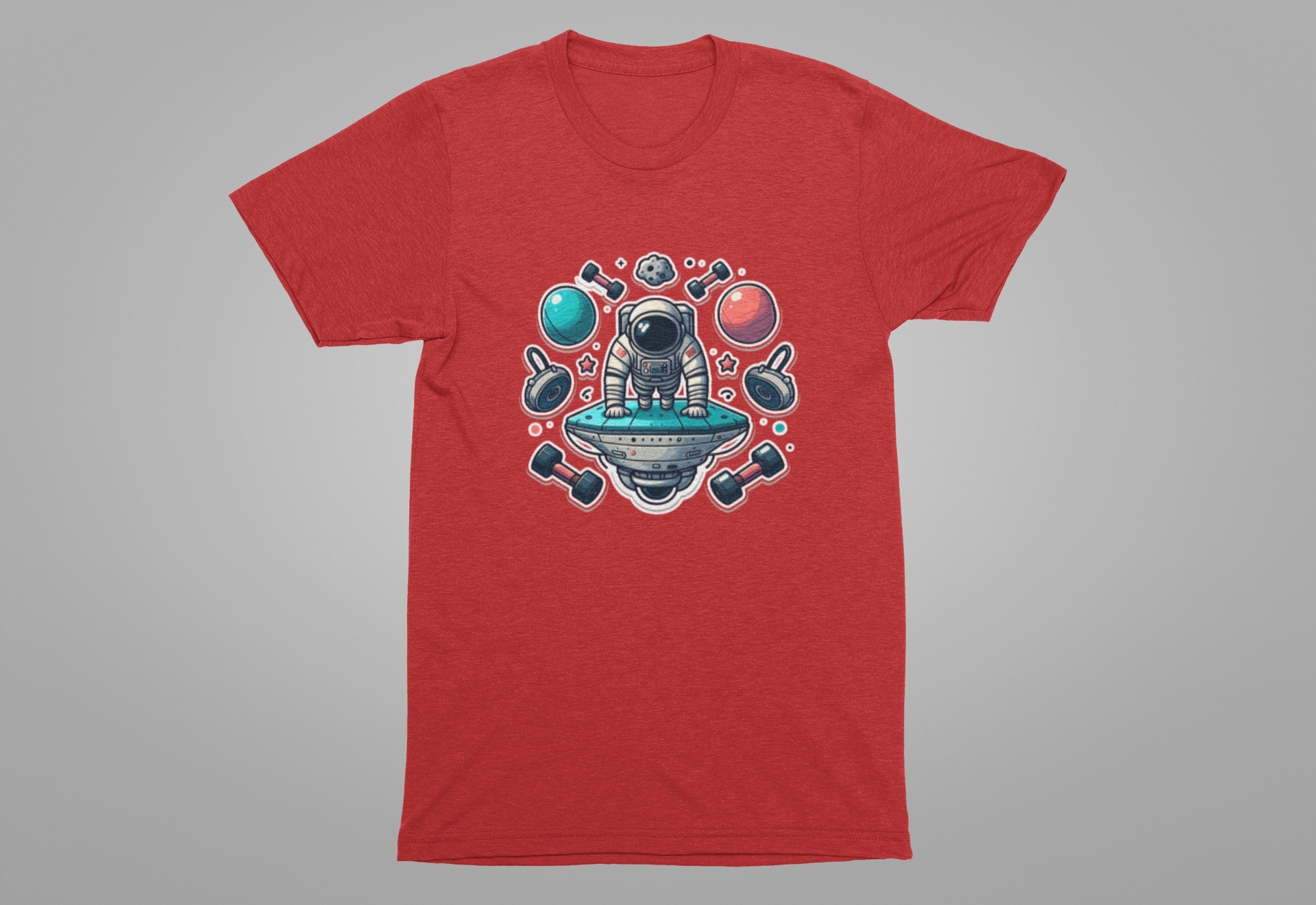 Rocket Science is My Cardio - Astronaut Doing Pushups Tshirt – Space Workout with Gadgets, Planets, and Dumbbells