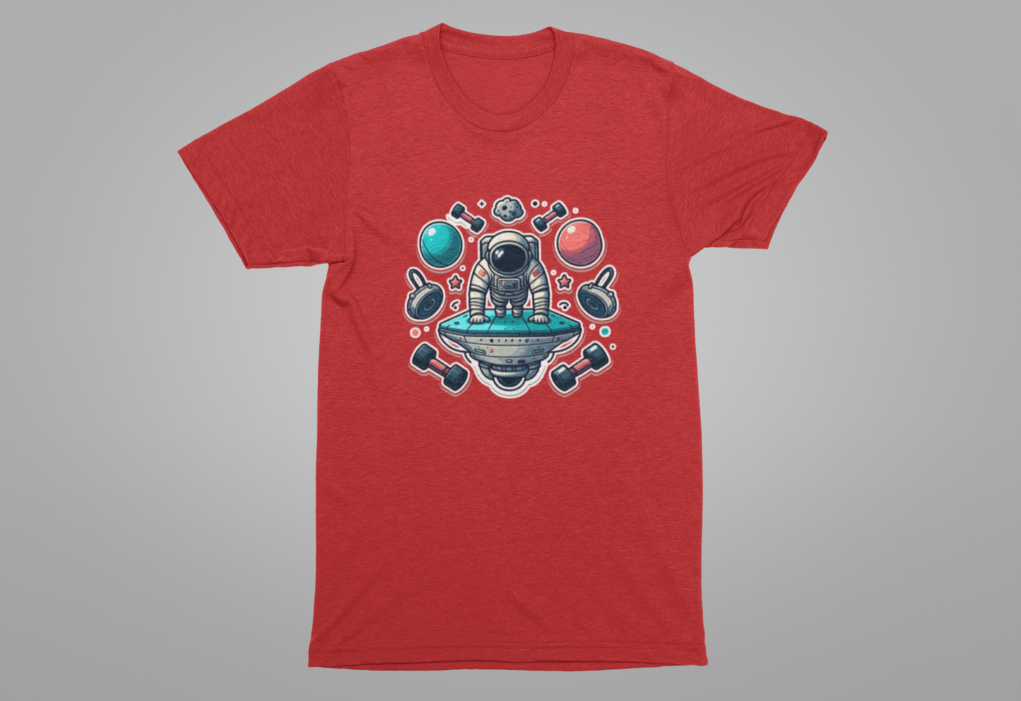 Rocket Science is My Cardio - Astronaut Doing Pushups Tshirt – Space Workout with Gadgets, Planets, and Dumbbells