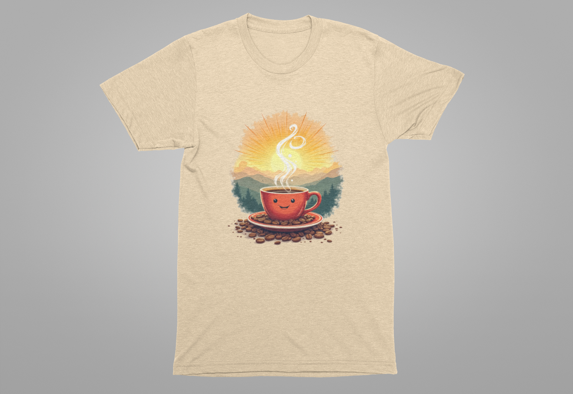 Sunrise Coffee Cup with Coffee Beans and Radiant Morning Glow Graphic T-Shirt