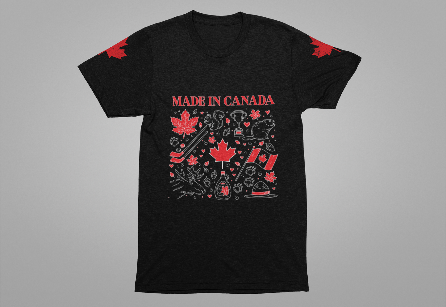 Made In Canada Iconic Symbols - Red & White outline Print T-Shirt