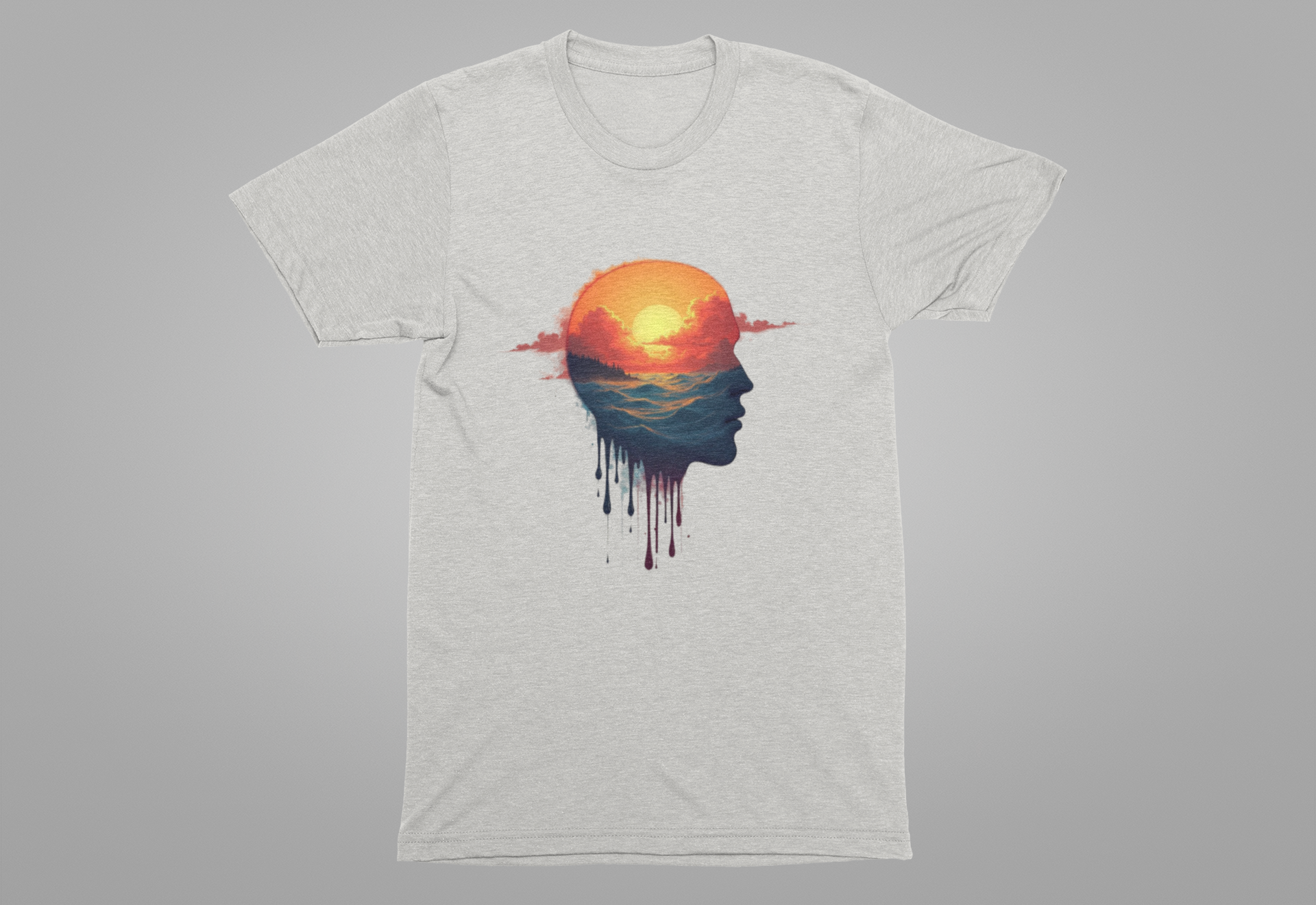 Melting Human Face with Colorful Sunrise and Clouds Beach View Graphic T-Shirt
