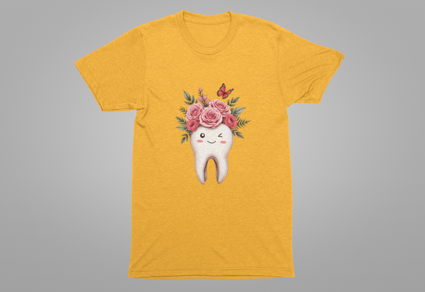 Smile T Shirt with Large Winking Tooth Surrounded by Flowers Leaves and Butterflies