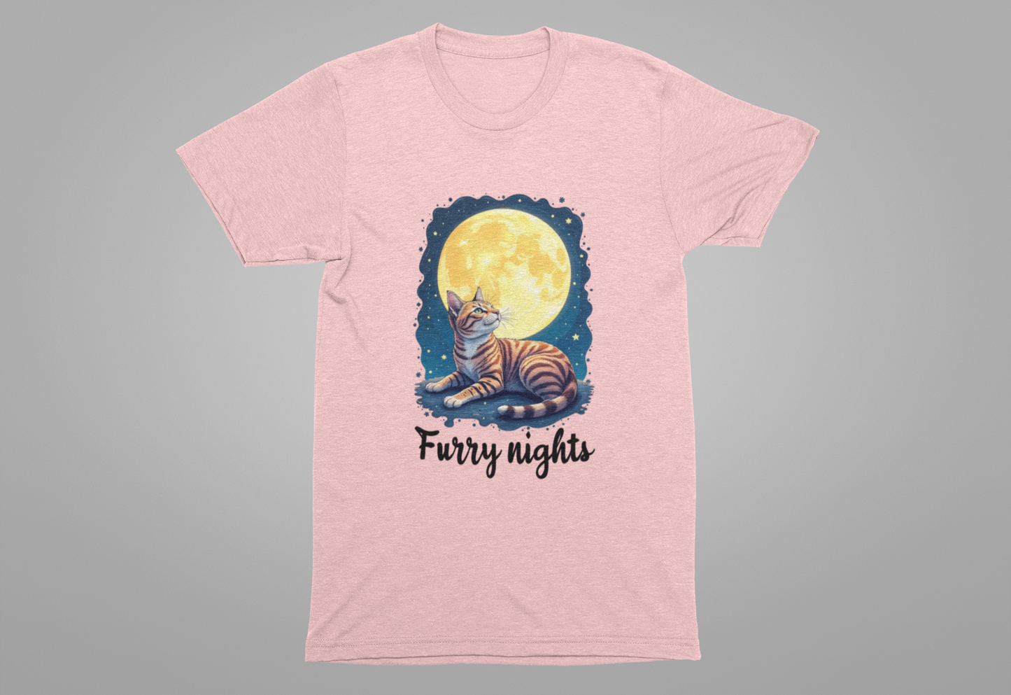 Moon Bath  - Furry Nights – Cat Watching Full Moon and Starry Sky Graphic T-Shirt