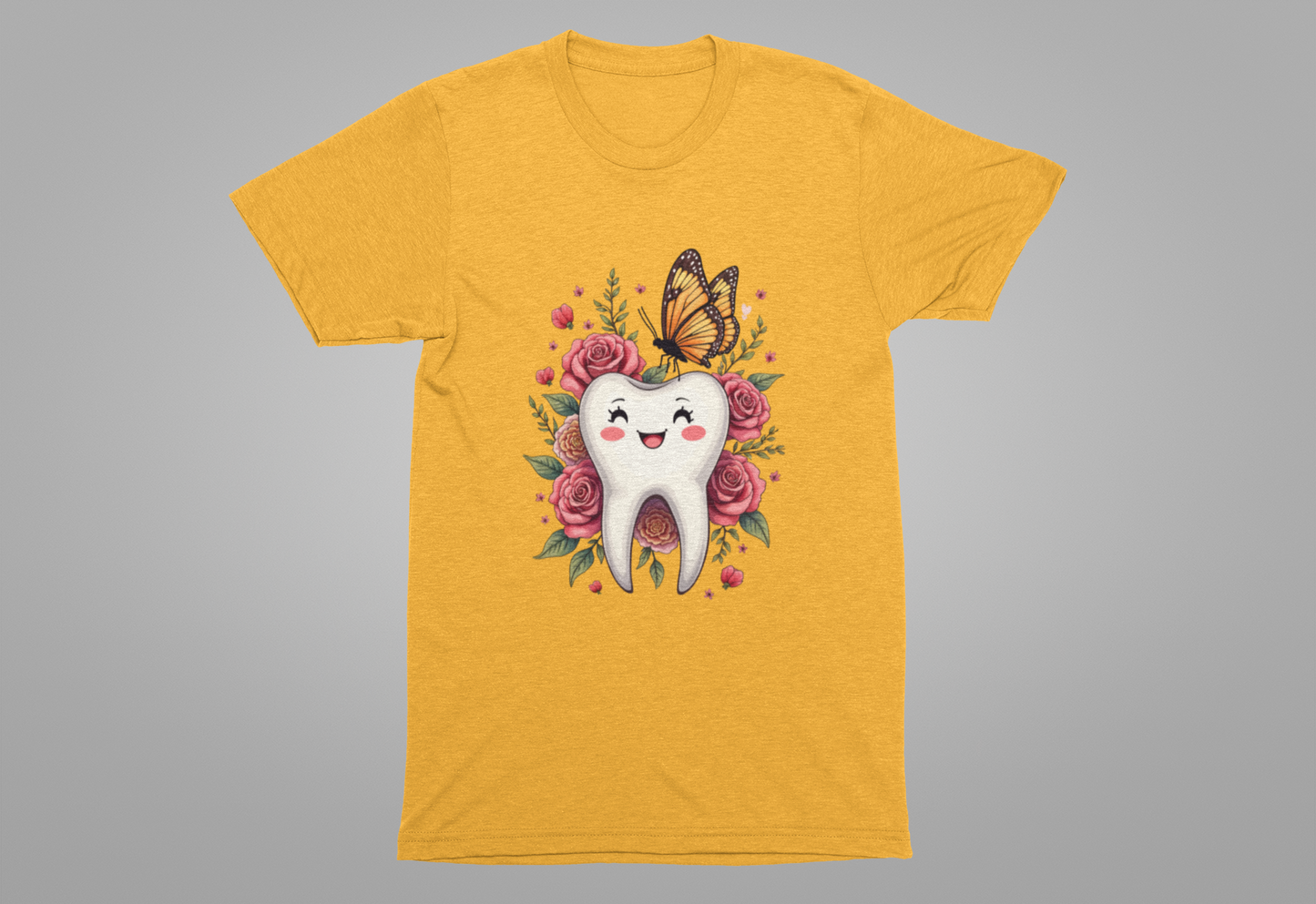 Smile T Shirt Featuring Large Smiling Tooth Surrounded by Flowers Leaves and Butterflies