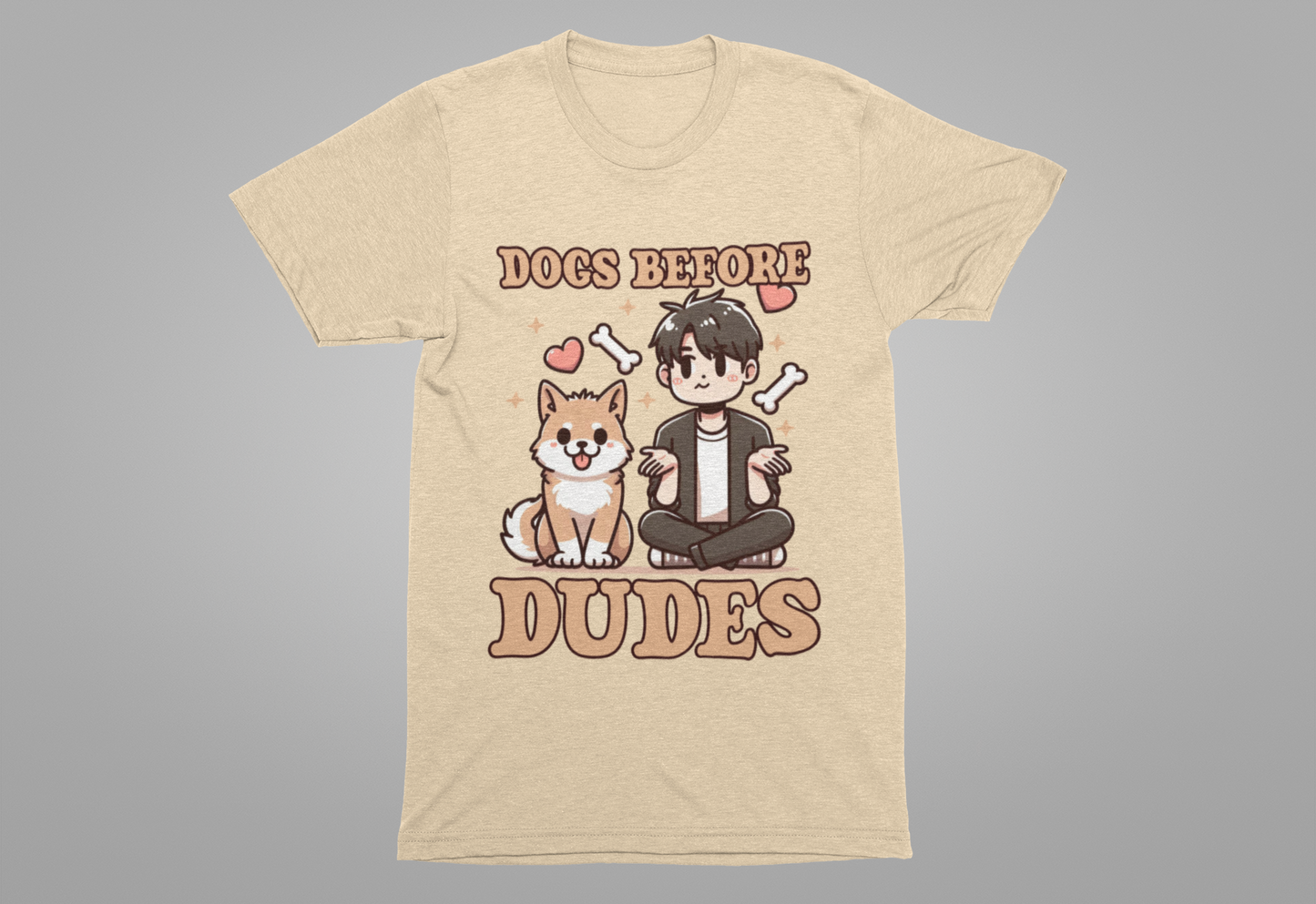 Dogs Before Dudes | Smiling Puppy & Surprised Boy with Hearts, Bones, and Stars T-Shirt