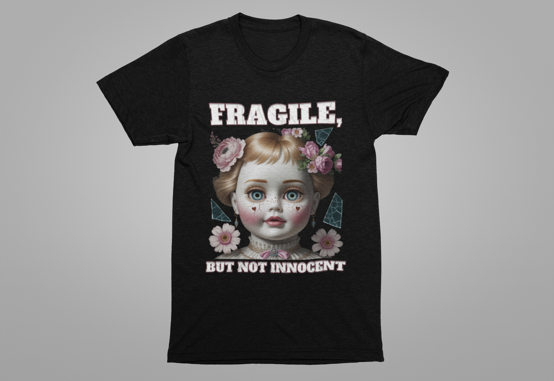 Fragile, But Not Innocent | Doll Face with Flowers & Cracks Graphic T-Shirt
