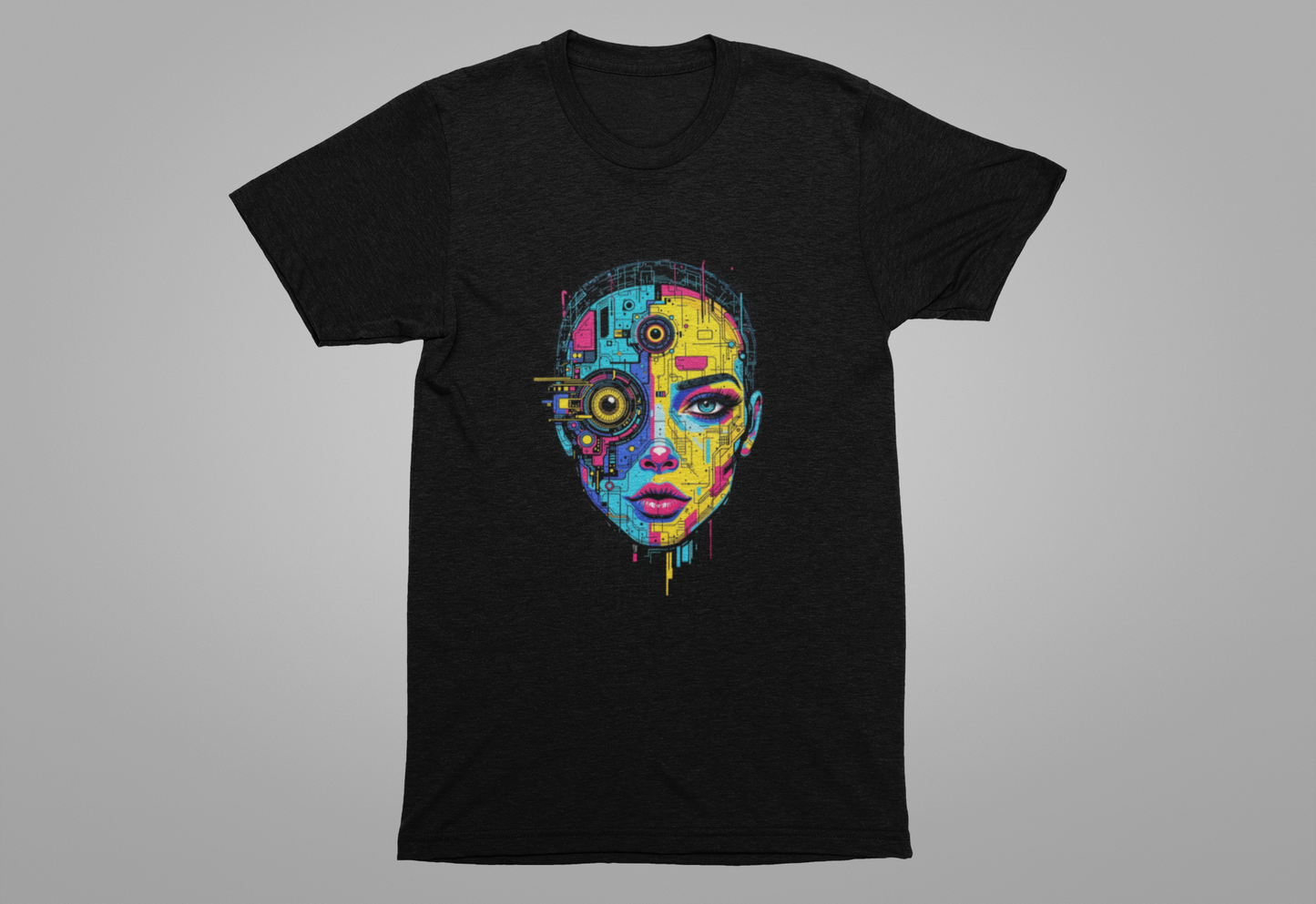 Third Eye Glitch – Robotic Woman with Circuit Face and Three Eyes Graphic T-Shirt
