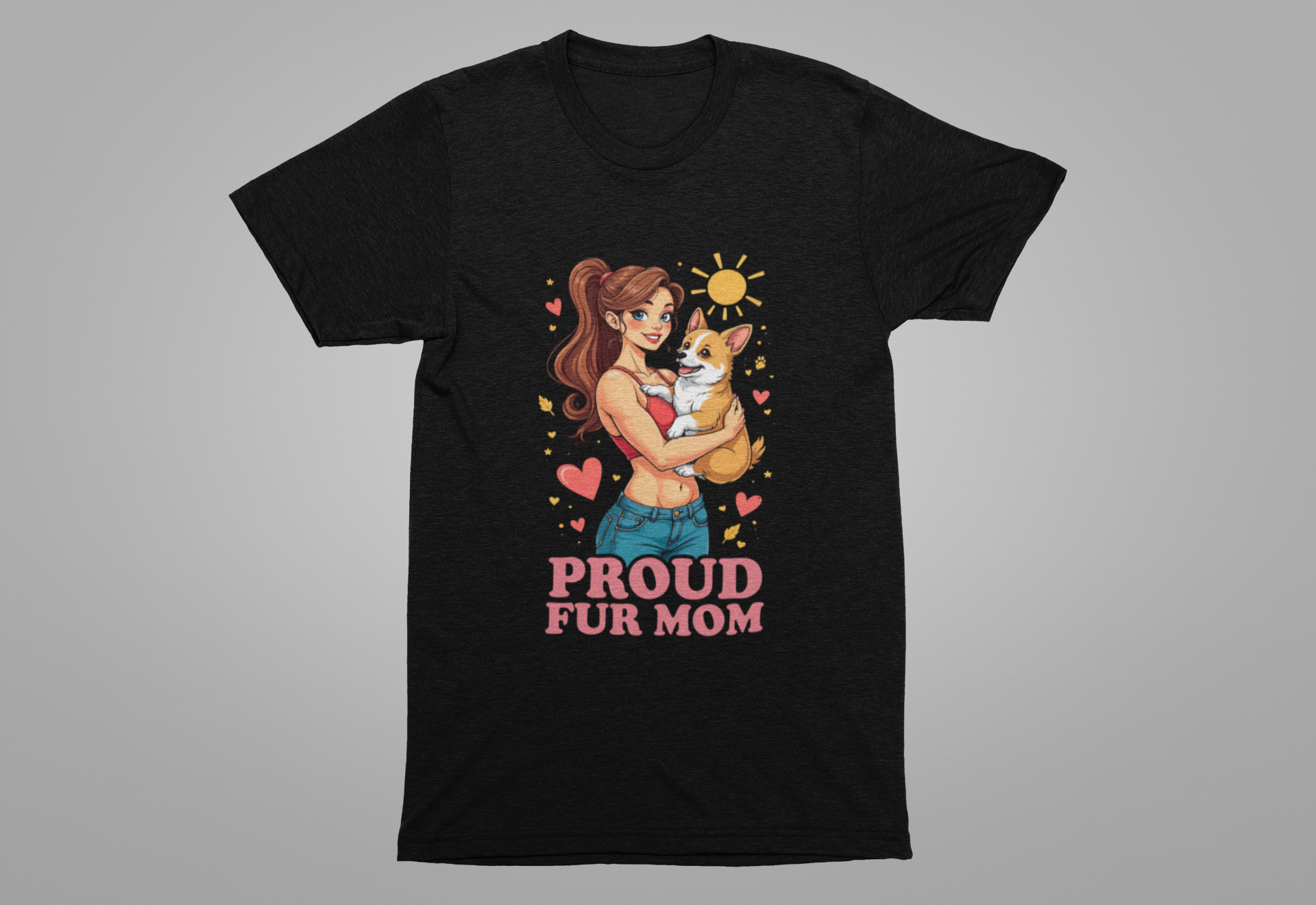 Proud Fur Mom – Happy Woman Hugging Puppy with Hearts and Sunshine Graphic T-Shirt