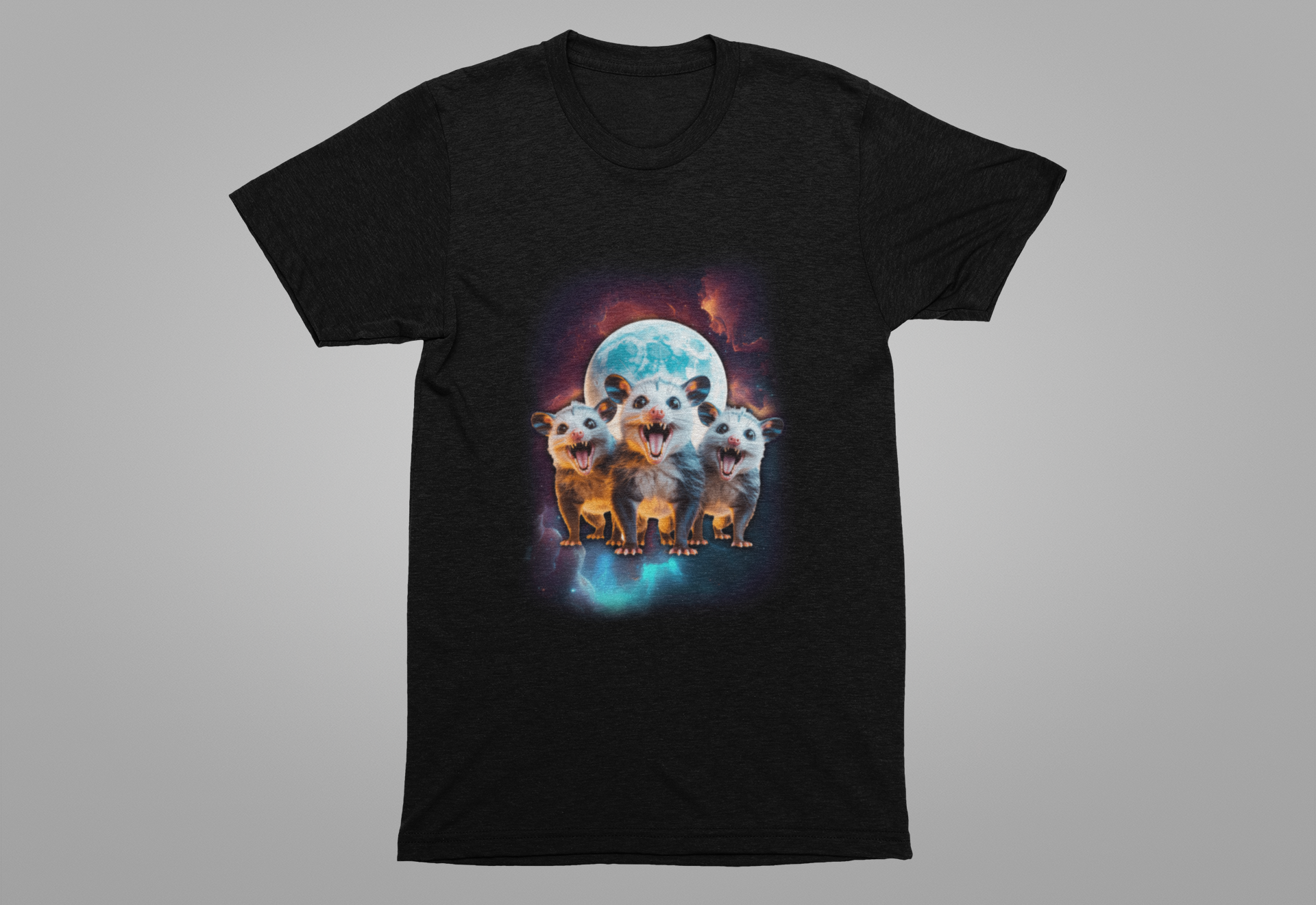 Three Crazy Possums Moon and Galaxy T-Shirt – Whimsical Space Animal Graphic Tee