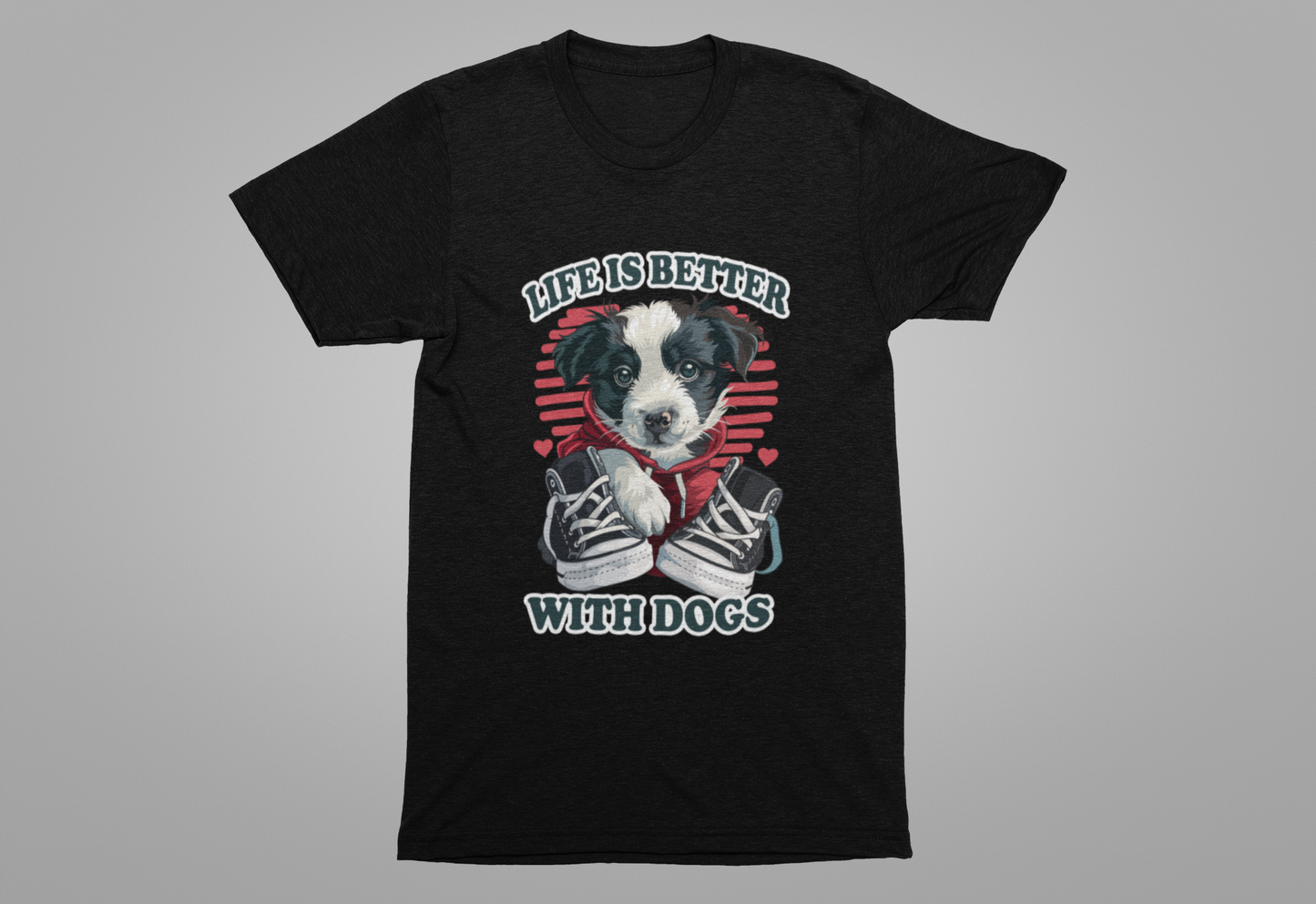 Life Is Better With Dogs T Shirt Cuddly Dog in Jacket Sitting by Shoes Graphic