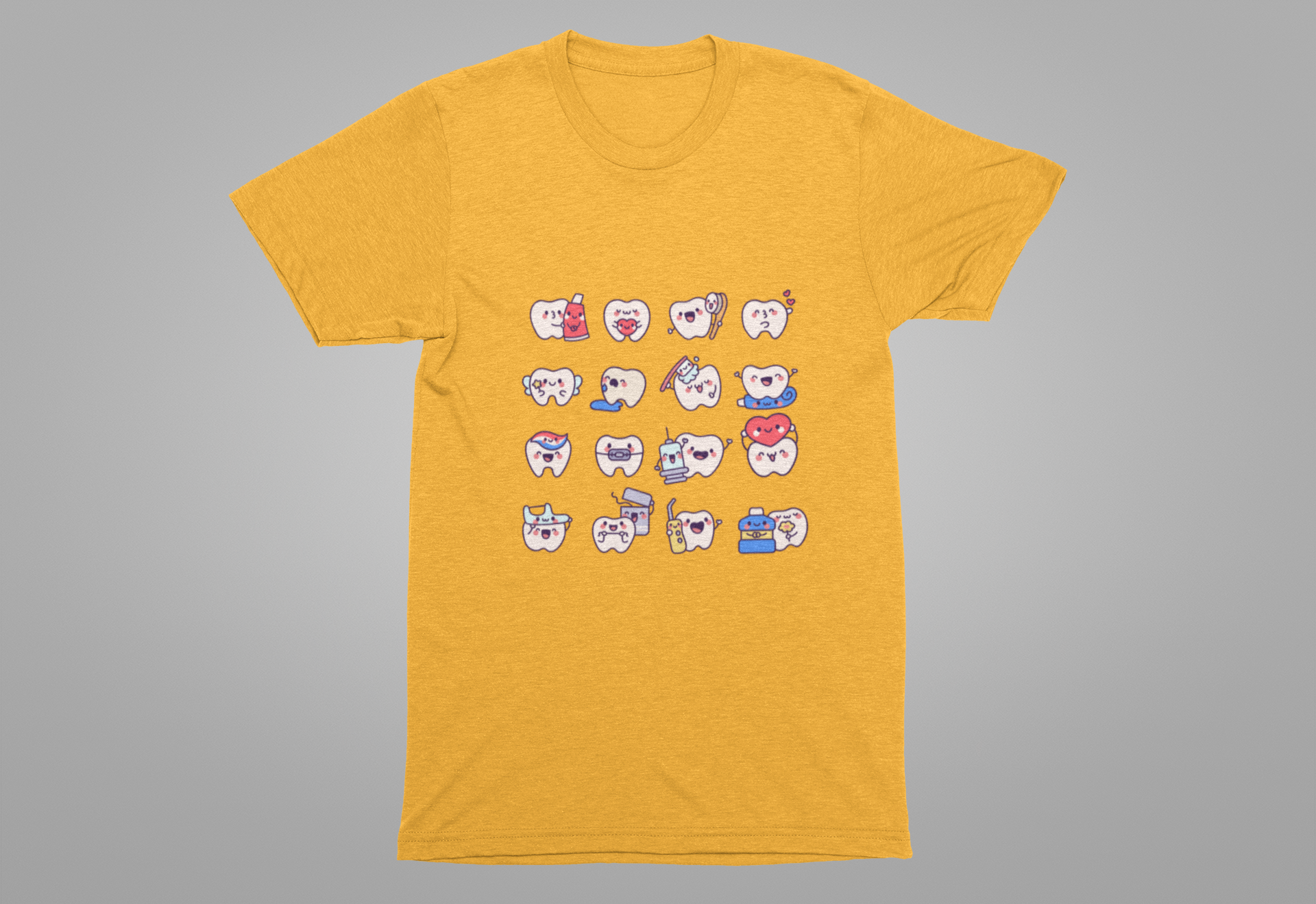 Happy Smiling Teeth T Shirt Sixteen Tooth Characters with Dental Care Items