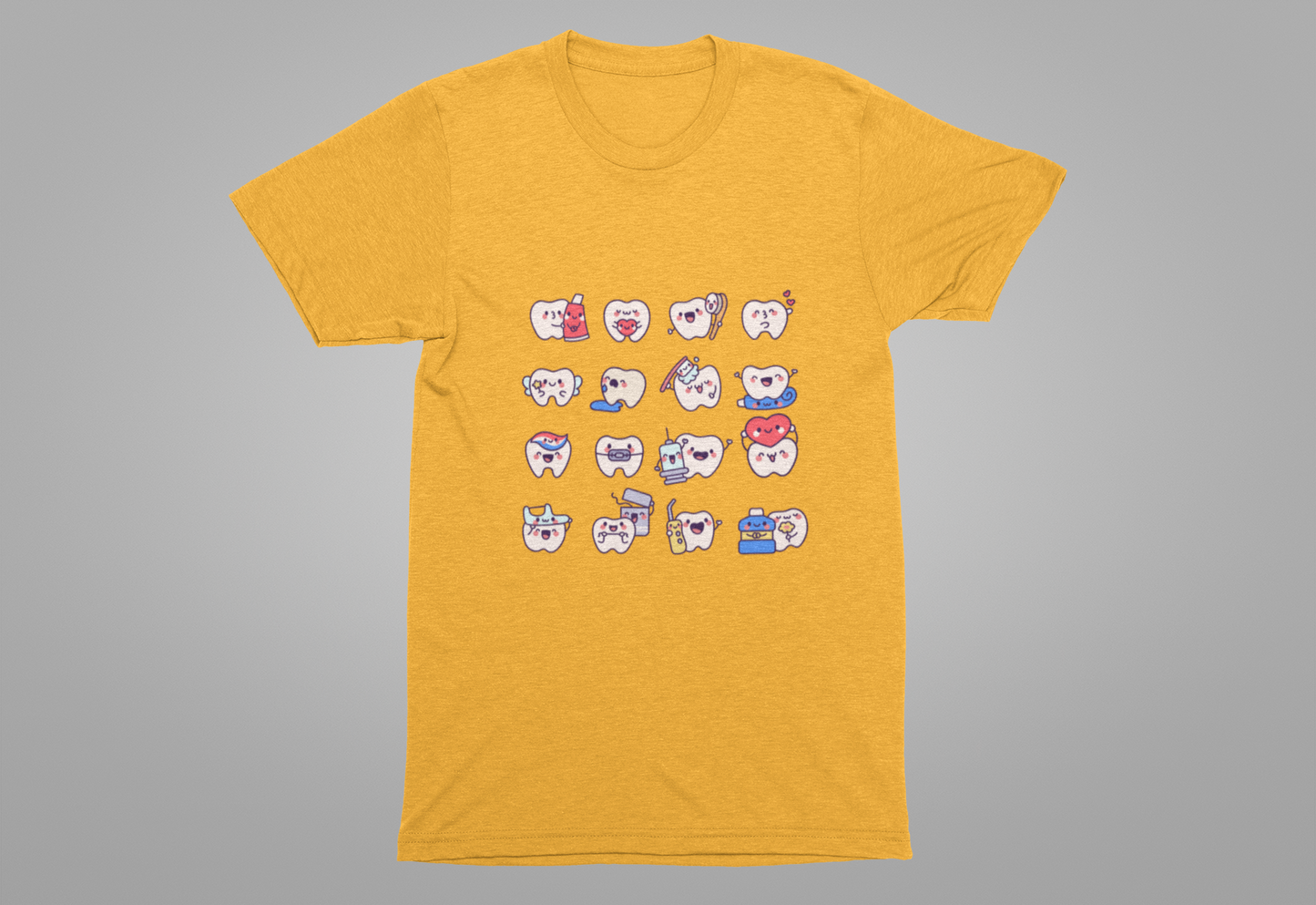 Happy Smiling Teeth T Shirt Sixteen Tooth Characters with Dental Care Items