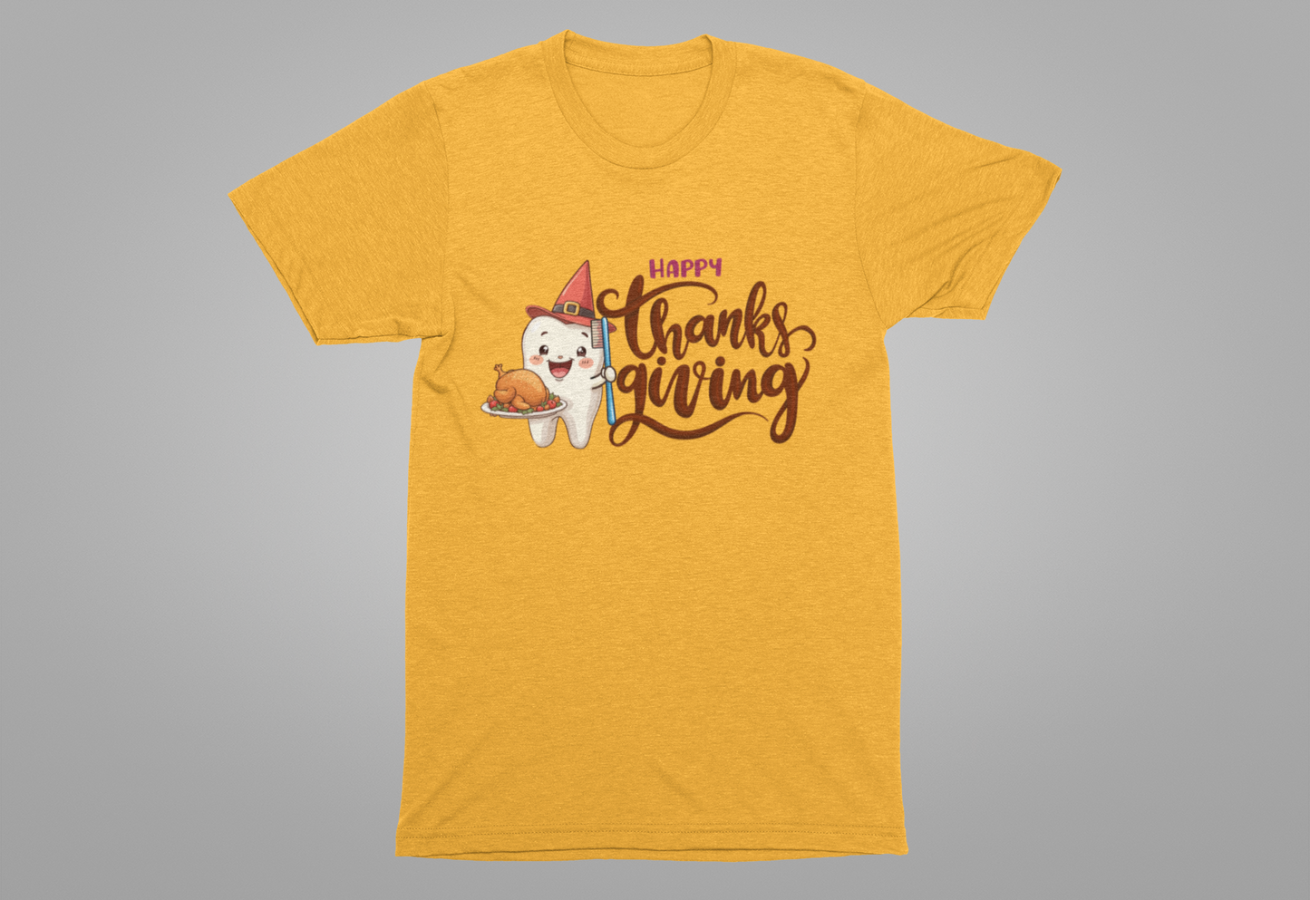 Happy Thanksgiving Dental T Shirt Smiling Tooth with Turkey Plate, Toothbrush, and a Cap