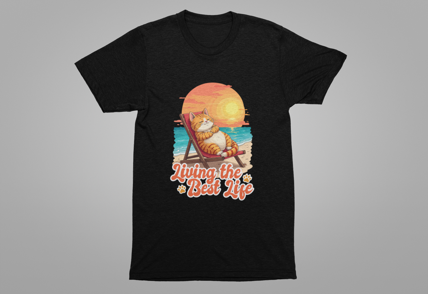 Lazy Life- Living the Best Life – Fat Cat Reclining Chair Beach Sunset Graphic T-Shirt