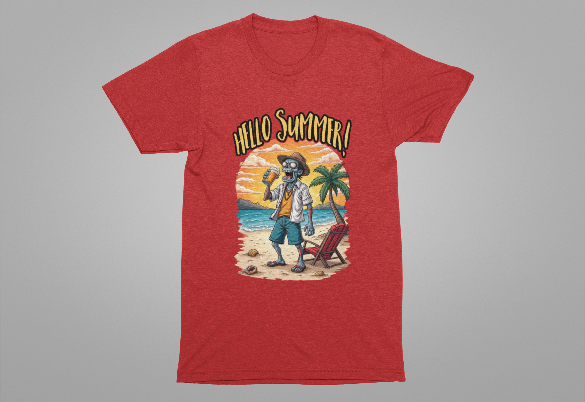 Hello Summer Tshirt Old Zombie with Cap, Beer Glass, Beach, Palm Trees & Reclining Chair