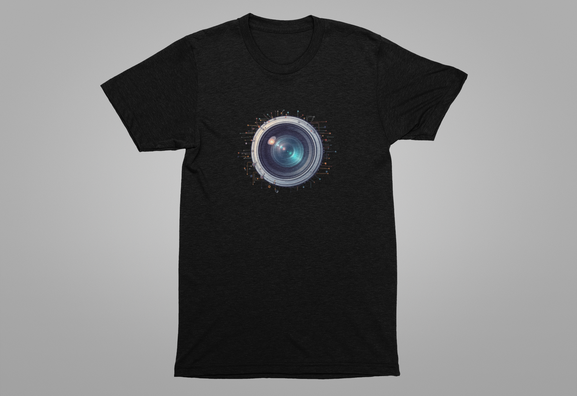Focus Mode – Large Camera Lens with Radiant Lines & Color Splash Graphic T-Shirt