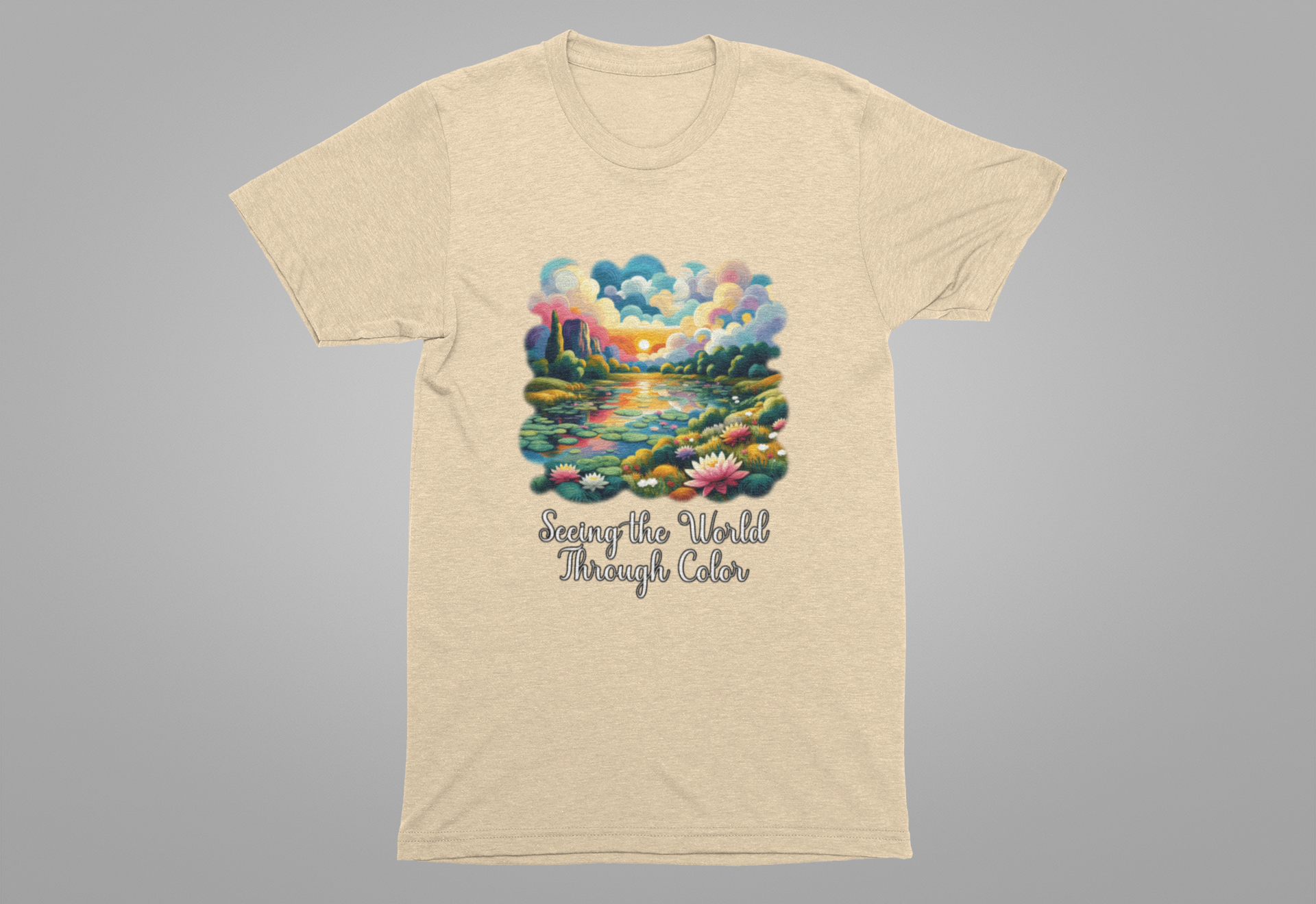 Impressionist Seeing the World Through Color Tshirt – Colorful Lotus Pond with Sunset Graphic