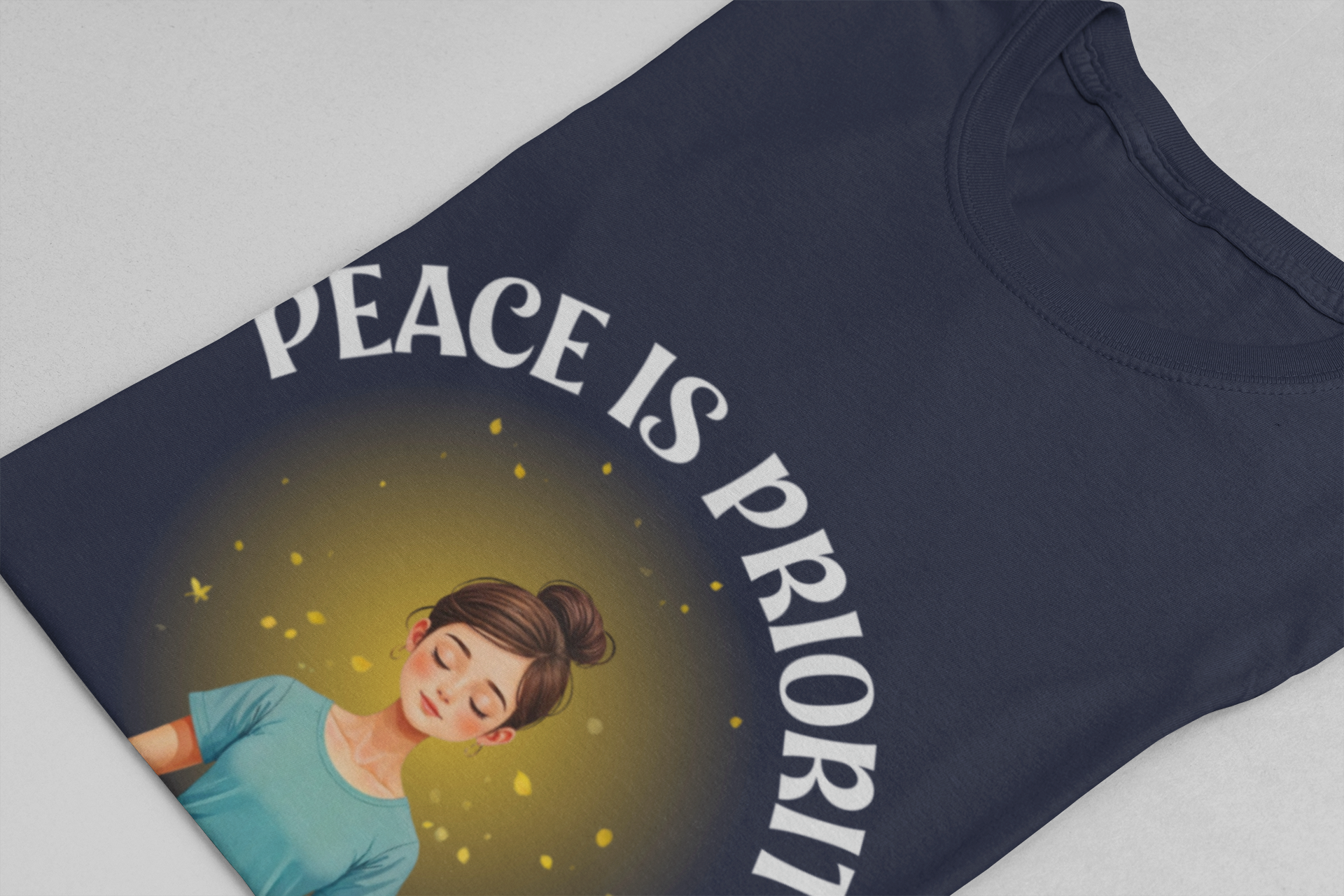 Peace Is Priority – Meditating Woman with Glowing Aura Graphic T-Shirt