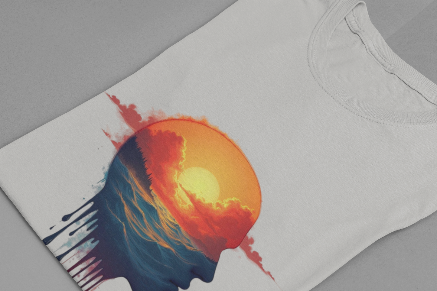 Melting Human Face with Colorful Sunrise and Clouds Beach View Graphic T-Shirt