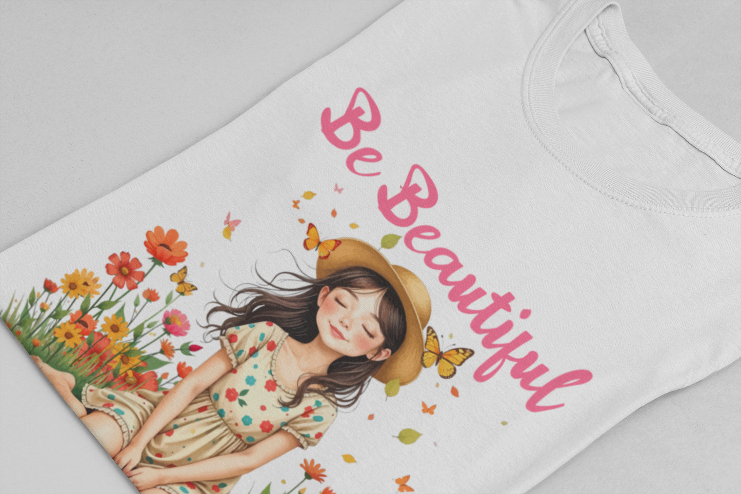 Be Beautiful Inside and Out – Girl Sitting with hat Surrounded by Flowers Graphic T-Shirt