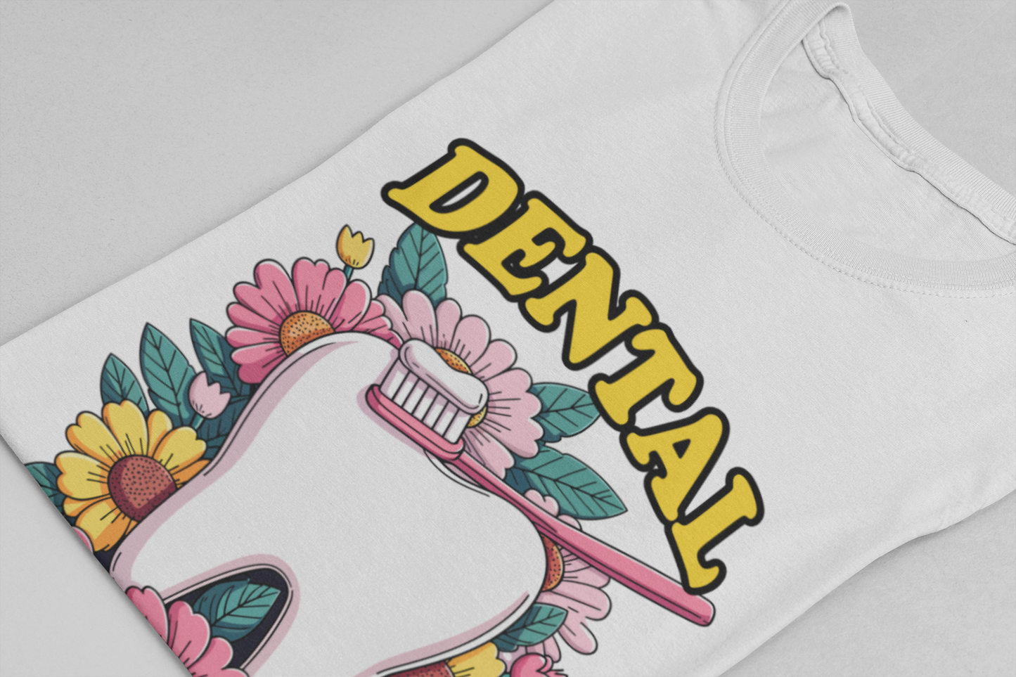 Dental Vibes T Shirt Large Tooth with Brush Paste and Flower Design
