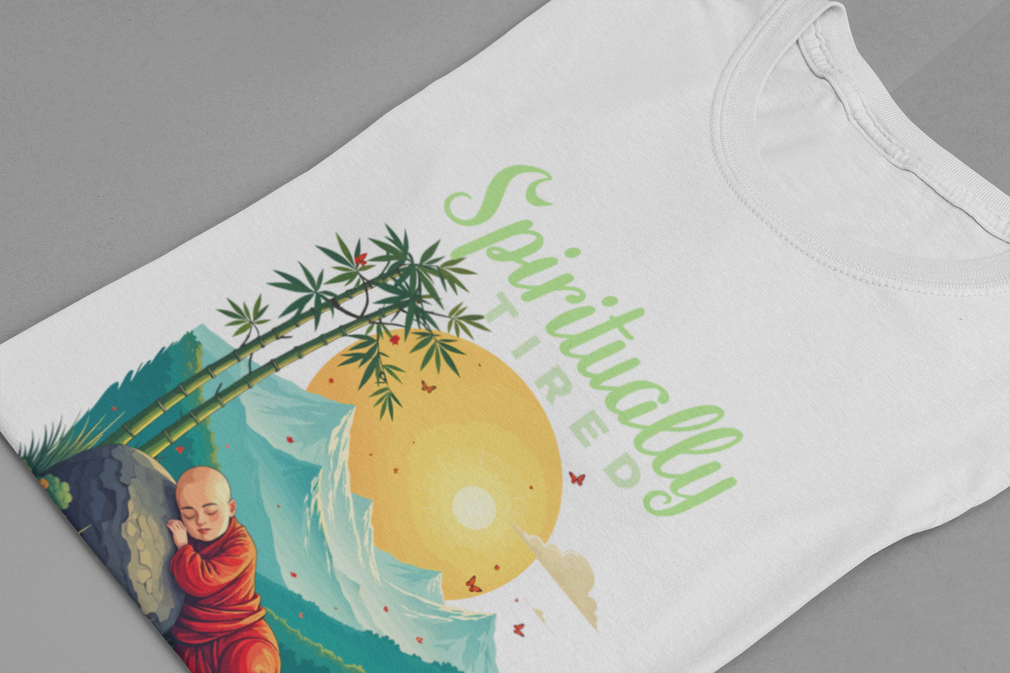 Spiritually Tired – Sleeping Monk Boy in Sunrise Nature Graphic T-Shirt