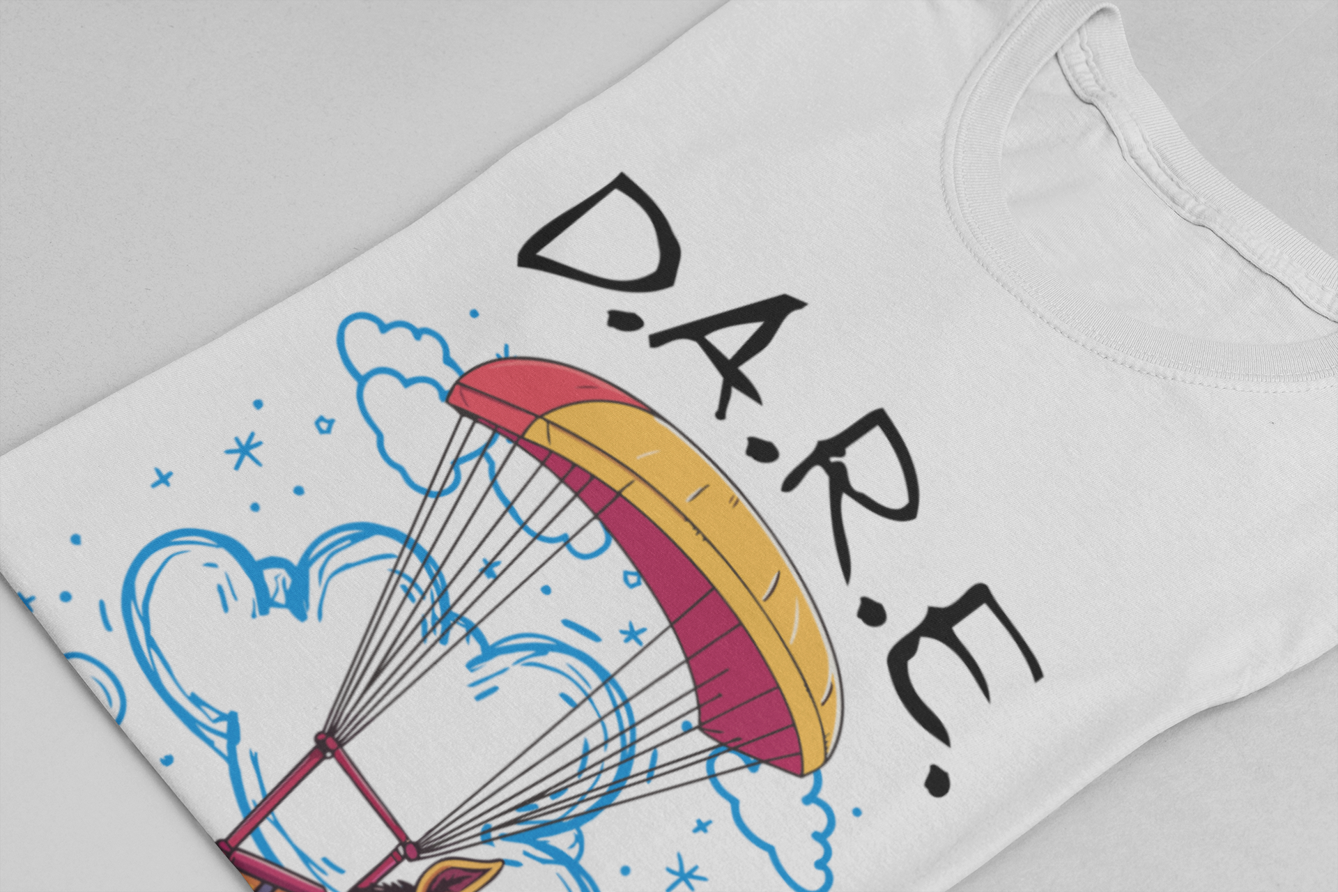 Dare to Be Stupid Tshirt – Stressed Donkey Parachuting with Clouds